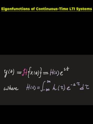 Eigenfunction of continuous-time LTI systems - clearly explained This video proves one of the most important results in Signals and Systems: the eigenfunctions of continuous-time LTI systems. The discussion begins by showing that a system's impulse response is the output produced when the input is a Dirac delta function, establishing the foundation for analyzing linear time-invariant systems. Using this definition, we derive the convolution theorem, proving that the output of any continuous-time LTI system is the convolution of the input signal with the system's impulse response. Finally, these results are used to prove the fundamental theorem that the complex exponential, x(t)=e^(st), is an eigenfunction of every continuous-time LTI system, with the corresponding eigenvalue given by H(s). This powerful result explains why complex exponentials are central to Fourier analysis, Laplace transforms, and linear system analysis, allowing differential equations to be replaced with simple multiplication in the transform domain. Perfect for students studying Signals and Systems, LTI systems, convolution, impulse response, Fourier analysis, Laplace transforms, and electrical engineering mathematics. Check out my other videos: https://www.youtube.com/watch?v=njG5S2-hBI8 Check out my full playlist on Signals and Systems: https://www.youtube.com/playlist?list=PLBbMkHgmCUDObVFM8S10v32rKSa5woqXk    Check out the webpage: https://professorgovalla.com/ Follow me on:  YouTube: https://www.youtube.com/@ProfessorGovalla Instagram: www.instagram.com/professorgovalla TikTok: www.tiktok.com/@professorgovalla