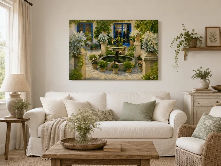 Andalucian Courtyard Fountain Art Canvas, Impressionist Oil Painting Style product image (2)