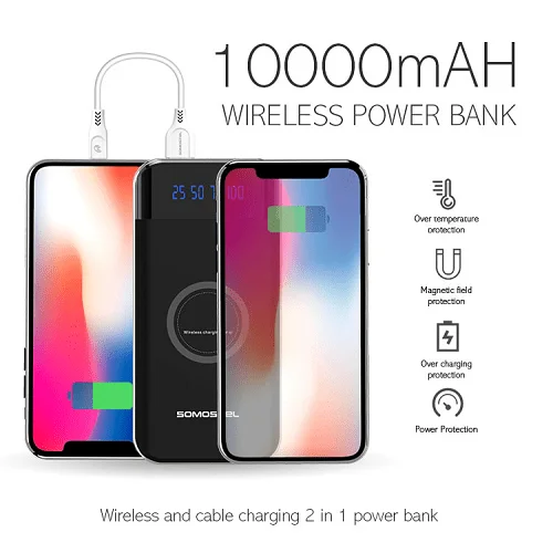 SomosTel 10000mAh Fast Wireless Power Bank - Qi Portable Charger (Black) product image (3)