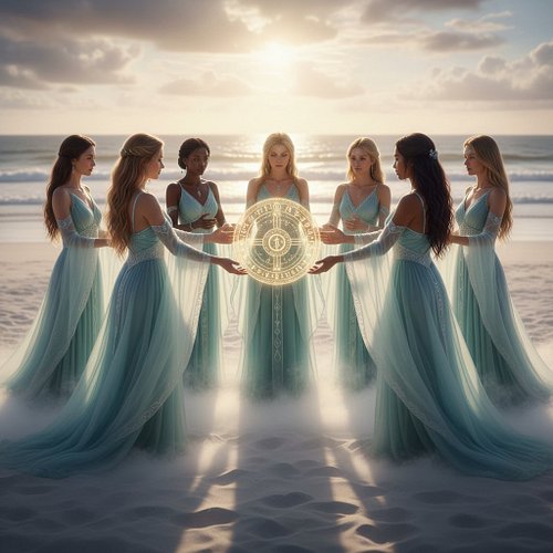 Circle of light, where dawn meets dreams.

On the luminous sand, goddess priestesses gather, their robes shimmering like ocea...