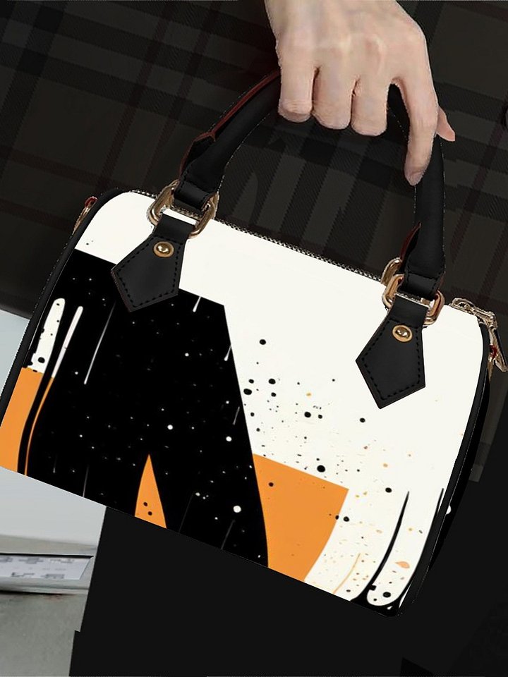 Abstract Art Barrel Bag – Black & Orange Geometric Paint Splash Mini Handbag with Crossbody Strap product image (1)
