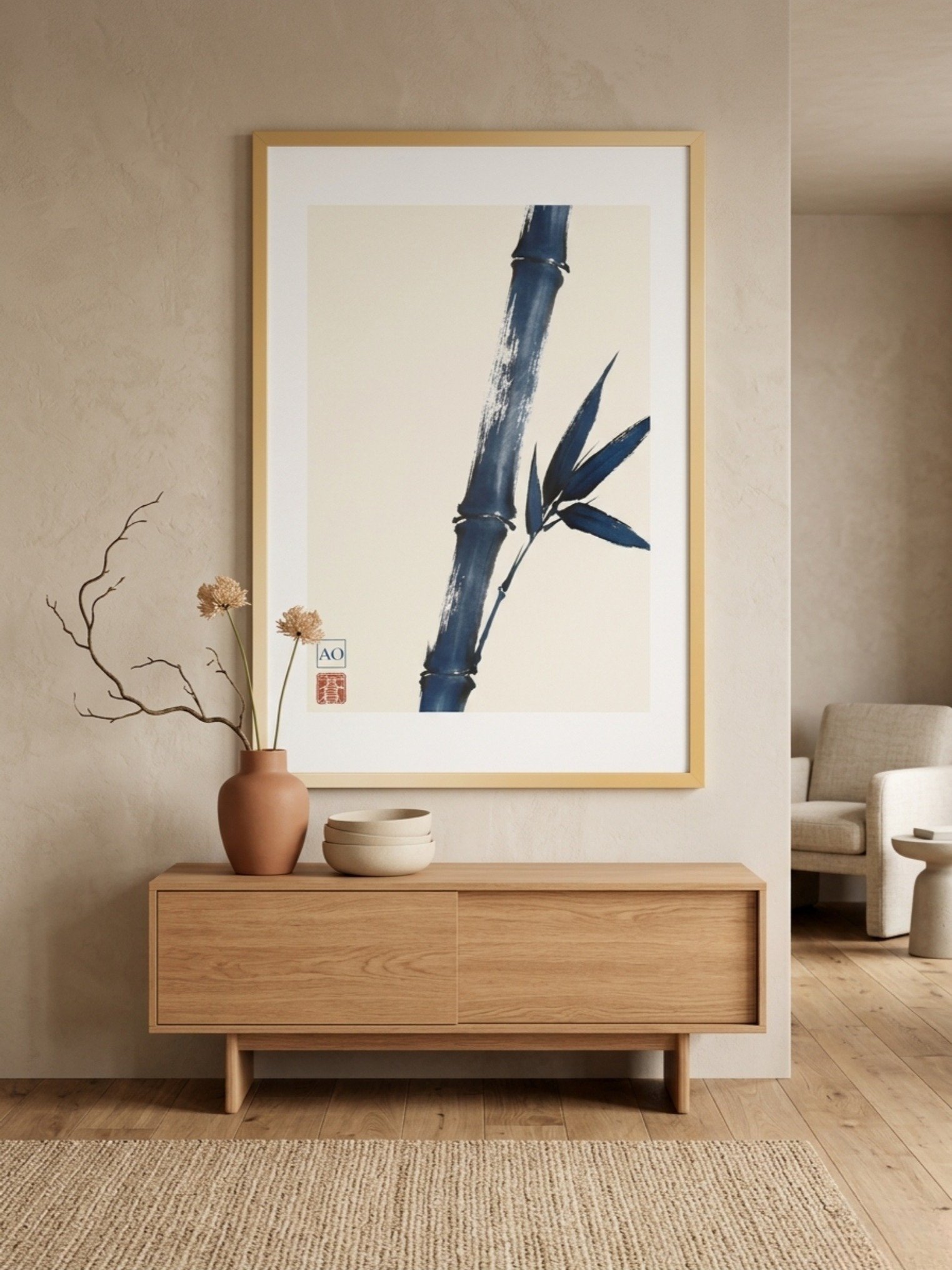 Japanese Ink Art Print | Indigo Bamboo No.06 | Framed Wall Art - AO Japan Blue product image (5)