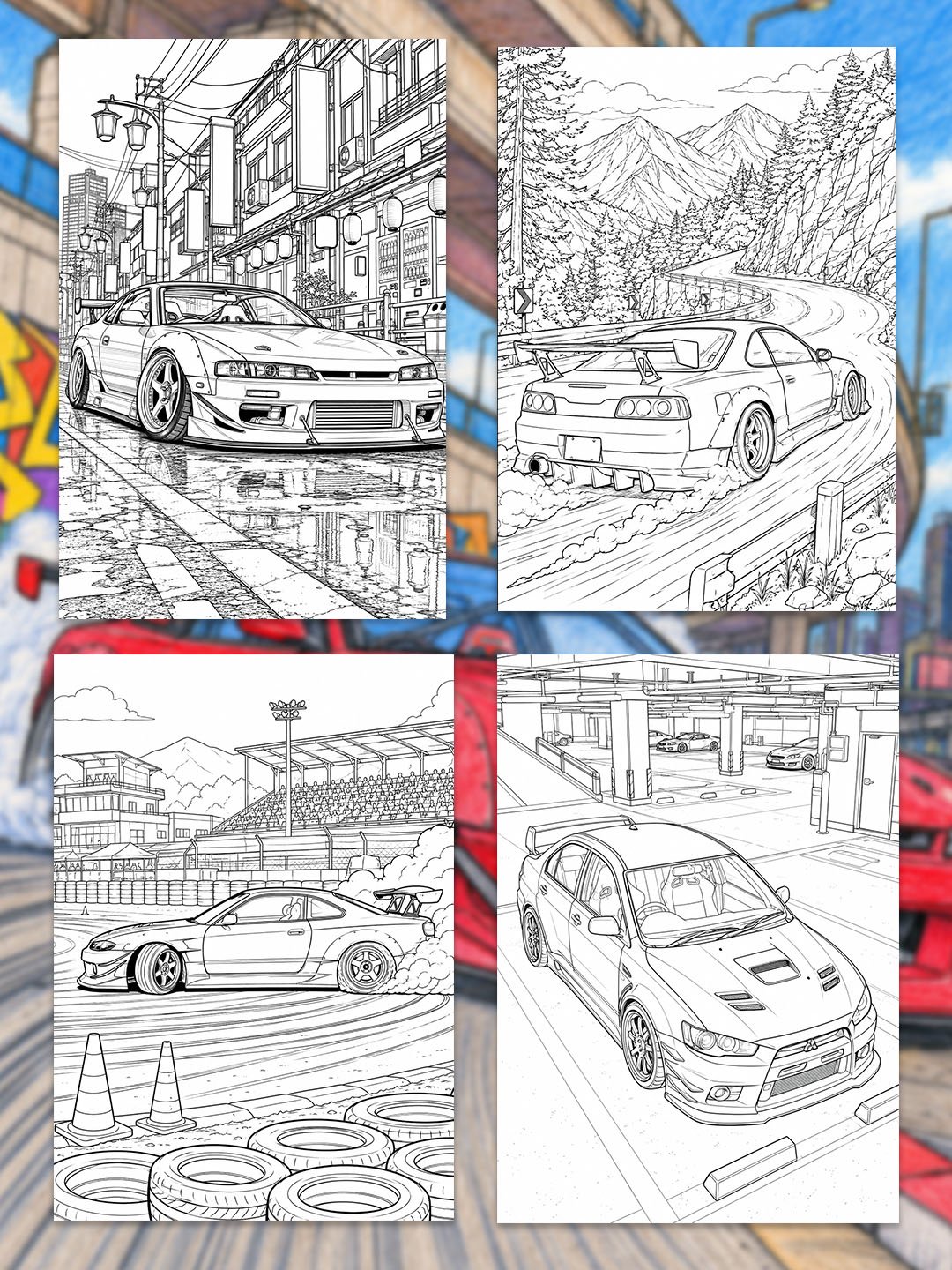 JDM Car Coloring Pages Printable | 25 Drift & Tuner Car Designs | Japanese Sports Car Coloring Book PDF product image (6)