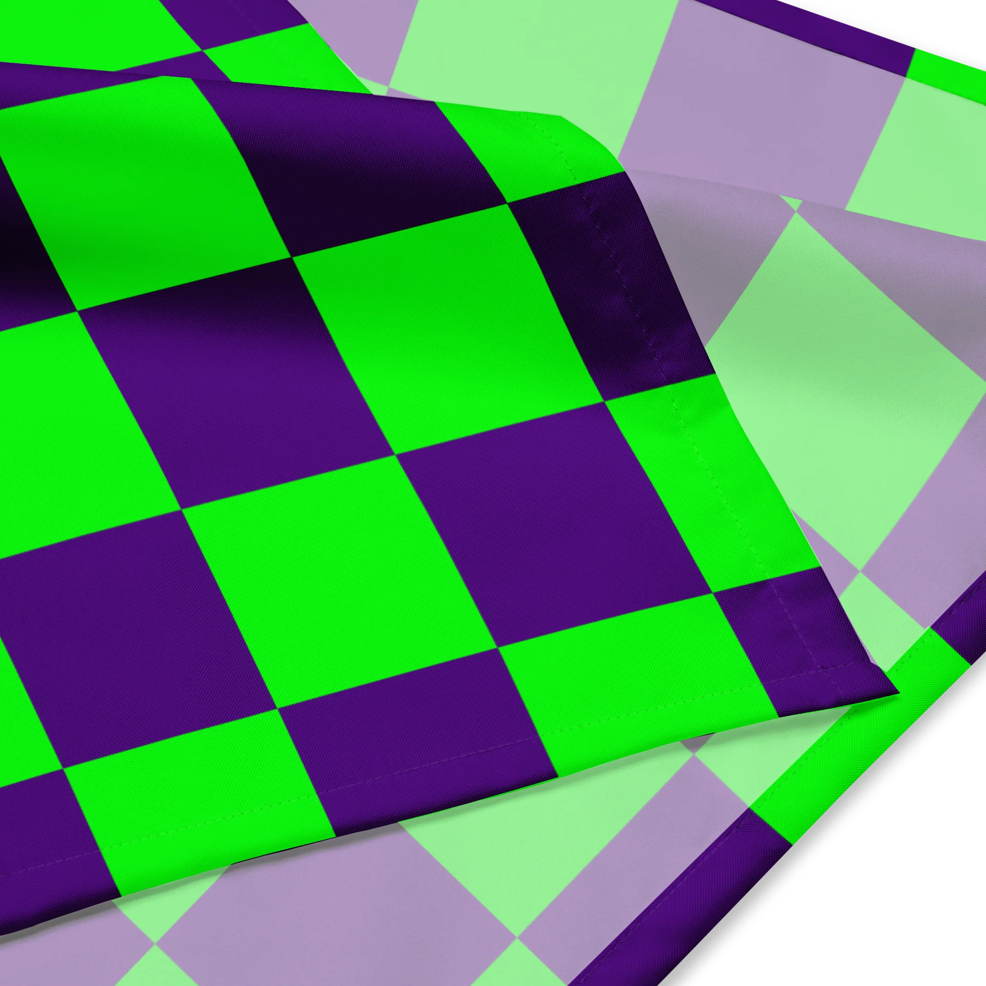 Twisted Checkers Neon Green Purple Bandana, Retro Checkerboard Pattern Accessory product image (2)