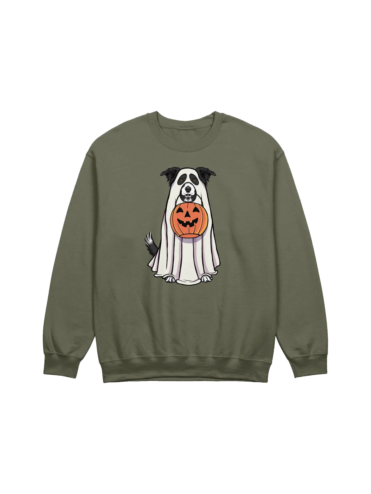 Funny Halloween Border Collie Sweatshirt | Funny Border Collie Wearing a Ghost Costume and Holding a Pumpkin Basket product image (1)