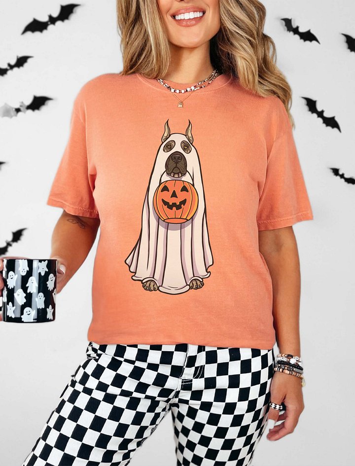 Funny Halloween Great Dane(Cropped Ears) T-Shirt | Funny Great Dane Wearing a Ghost Costume and Holding a Pumpkin Basket product image (2)
