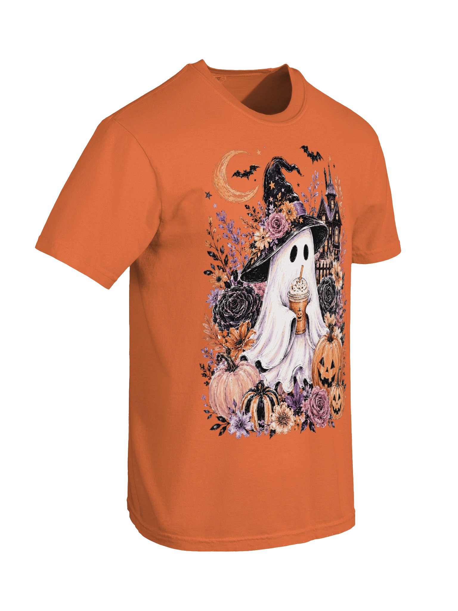 Witch Ghost Drinking Coffee T-Shirt | Spooky Season Floral Pumpkin Tee | Comfort Colors 1717 product image (2)