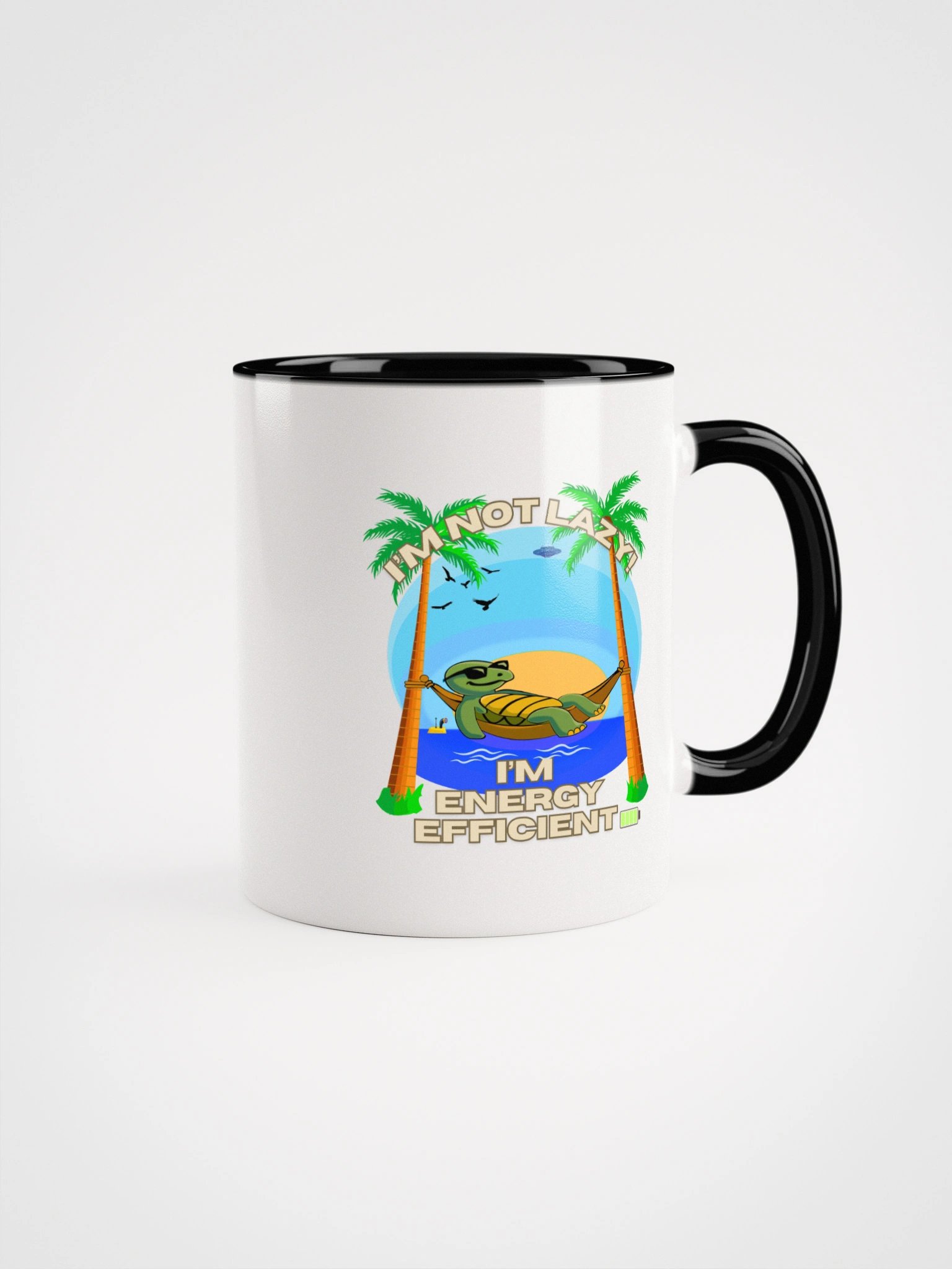 "I'm Not Lazy I'm Energy Efficient Turtle Mug – Funny Beach Hammock Coffee Cup with Sunrise & Palm Trees (11oz / 15oz)" product image (4)