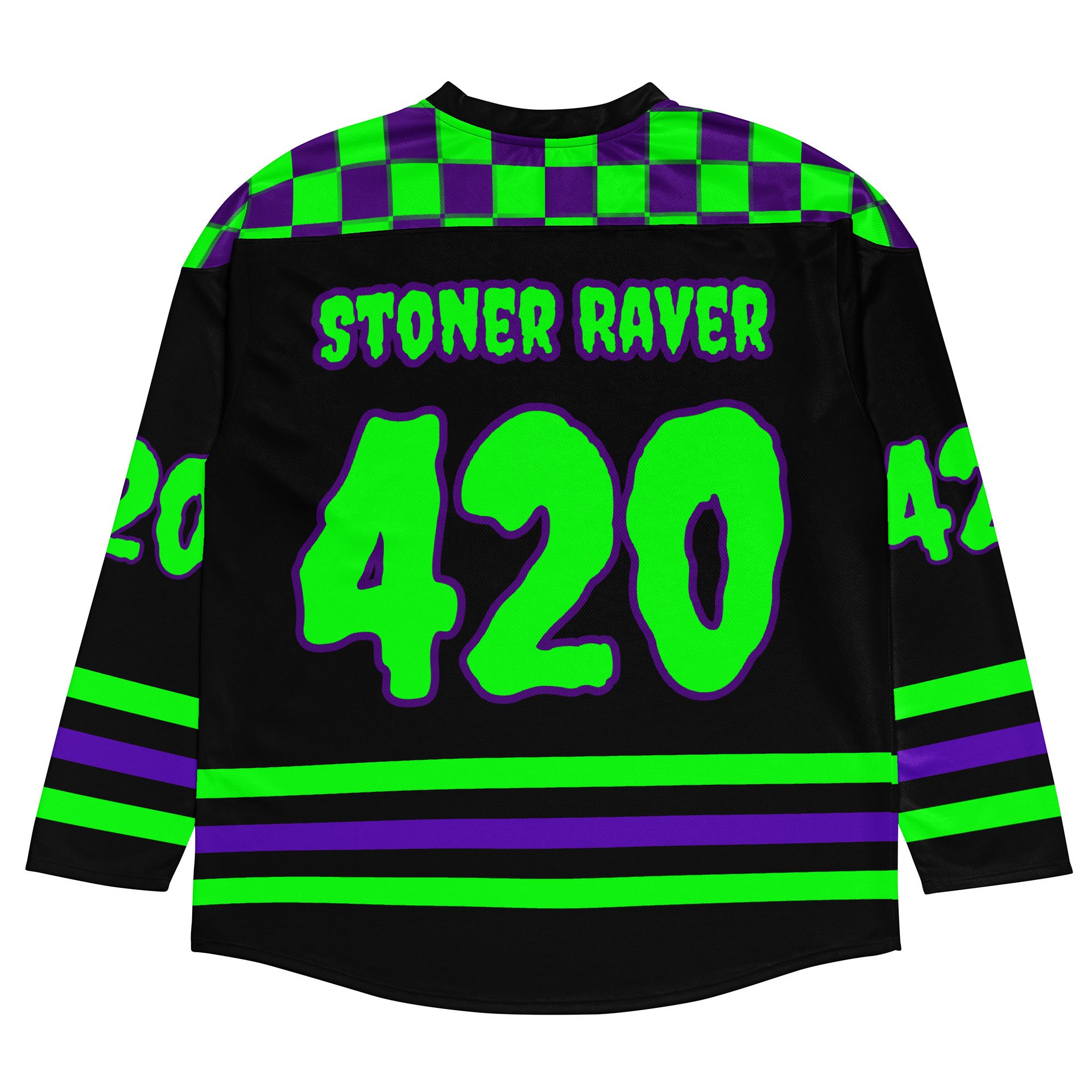 Stoner Raver 420 Hockey Jersey, Cannabis EDM Shirt, Gothic Alt Rave Wear, Weed Music Festival Clothes, Black Purple Neon Green Pot Leaf Top product image (1)