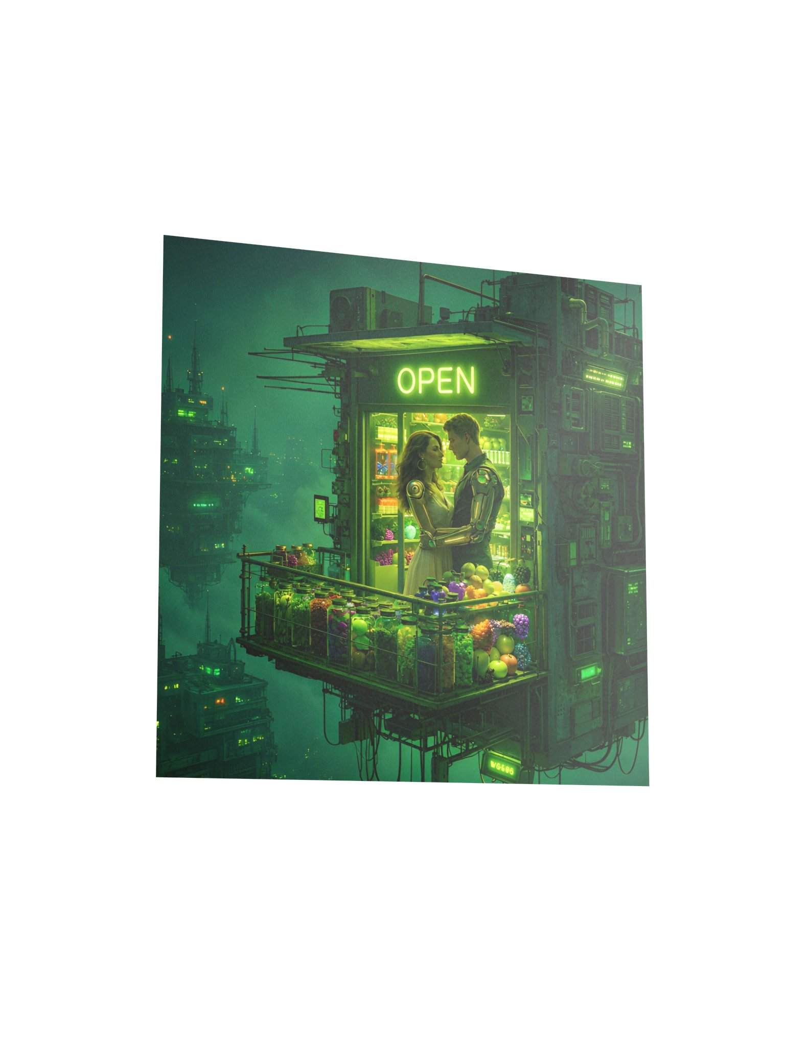 Cyberpunk Romance Wall Art | Neon Green Floating Store Poster | Sci Fi Couple Decor product image (4)