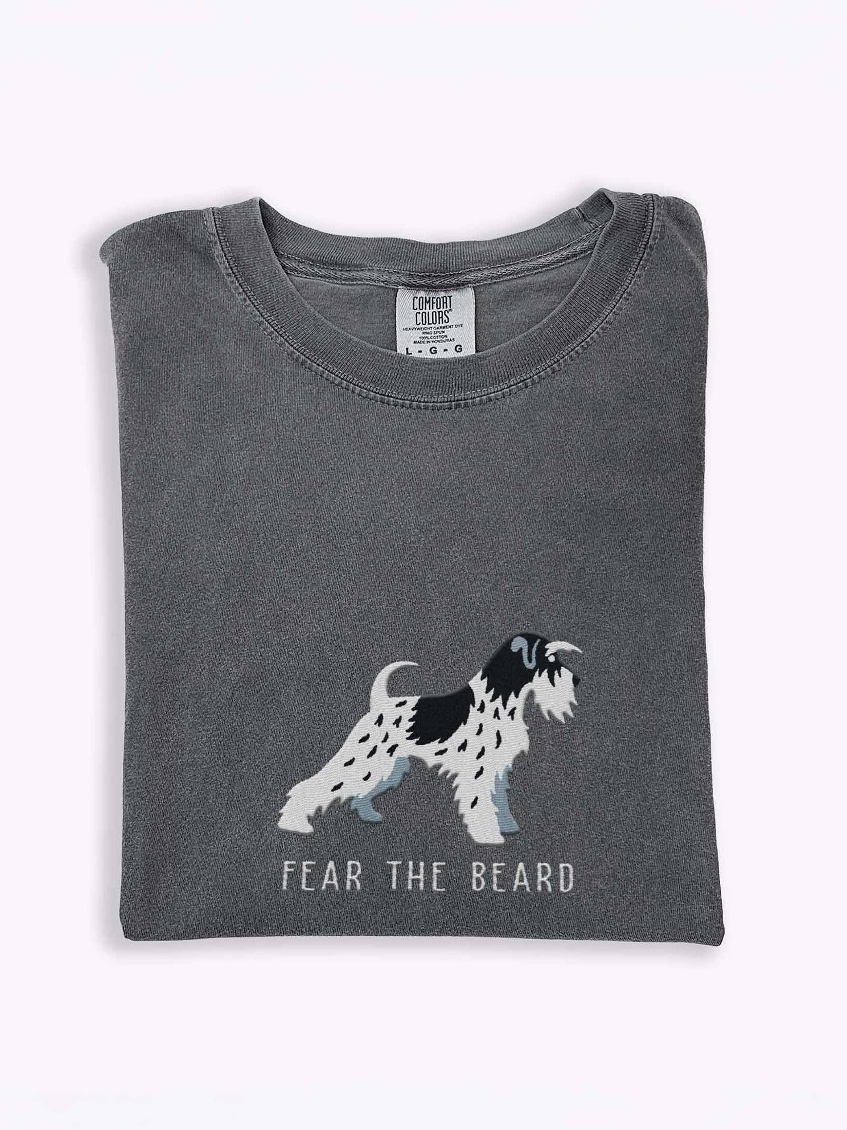 Fear the Beard T-Shirt(Embroidered) of a Miniature Schnauzer(Parti, Black & White) product image (1)