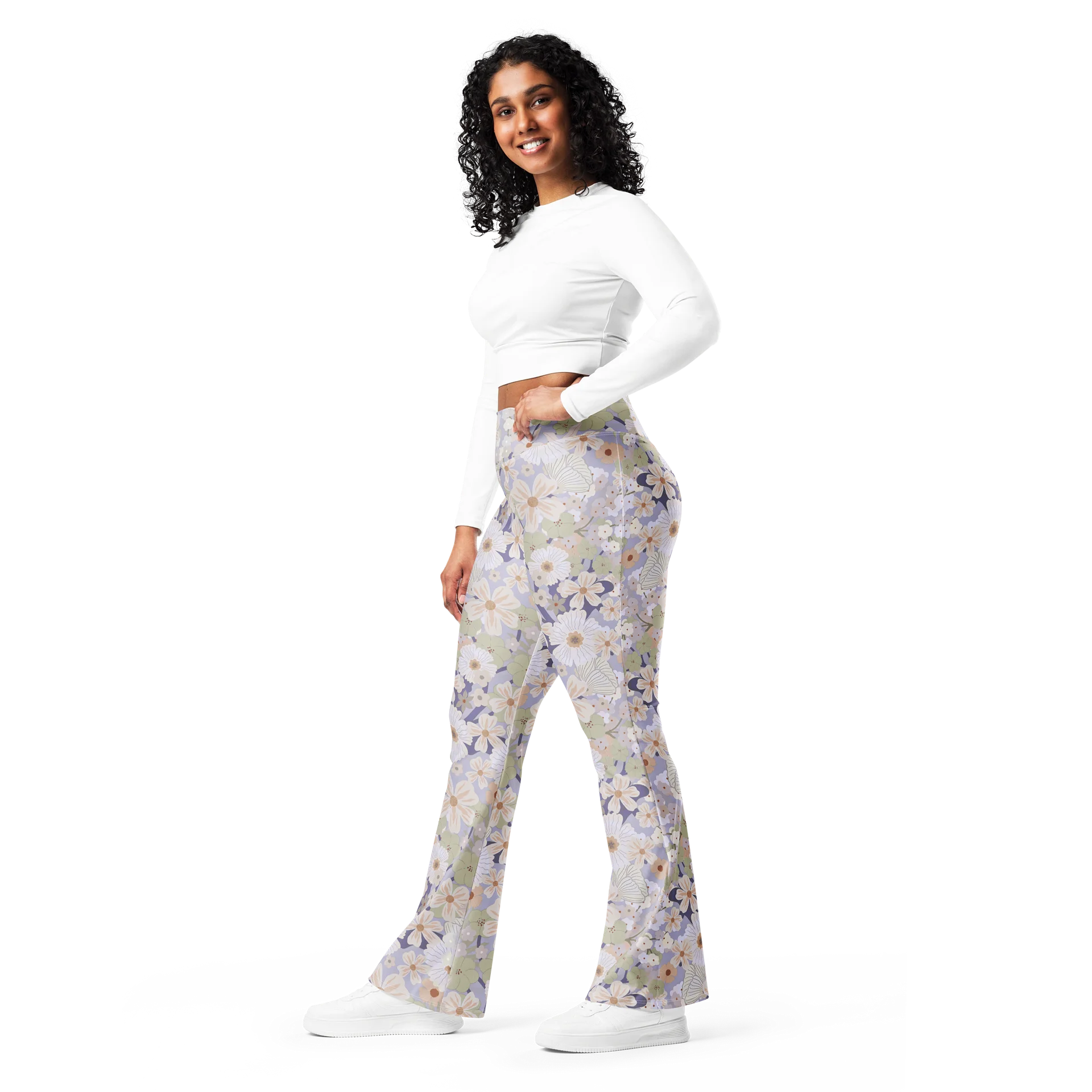 Khaki Green Blue Floral Flare Yoga Leggings product image (11)