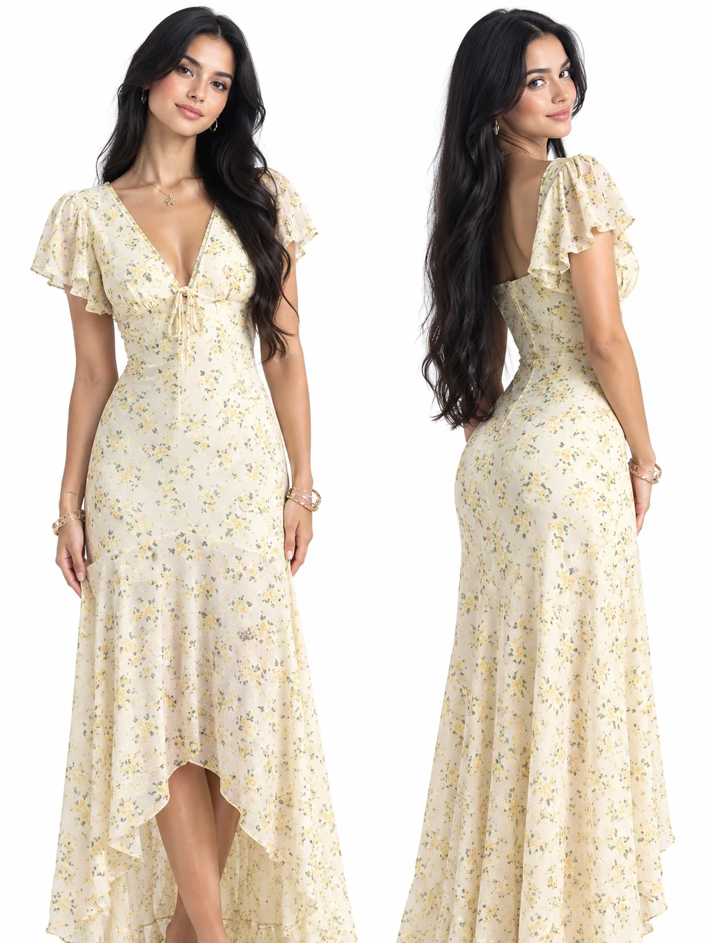 Poéselle Women's Vintage Polka Dot Maxi Dress For Women –Flutter Sleeve V-Neck Summer Boho Flowy Wrap Dress Summer Dresses Festival Outfits Wedding Guest Dress product image (4)