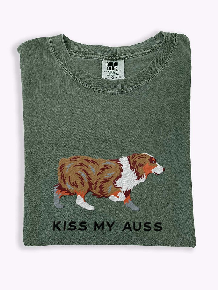 Kiss My Auss T-Shirt(Embroidered) of an Australian Shepherd(Red Merle) product image (1)