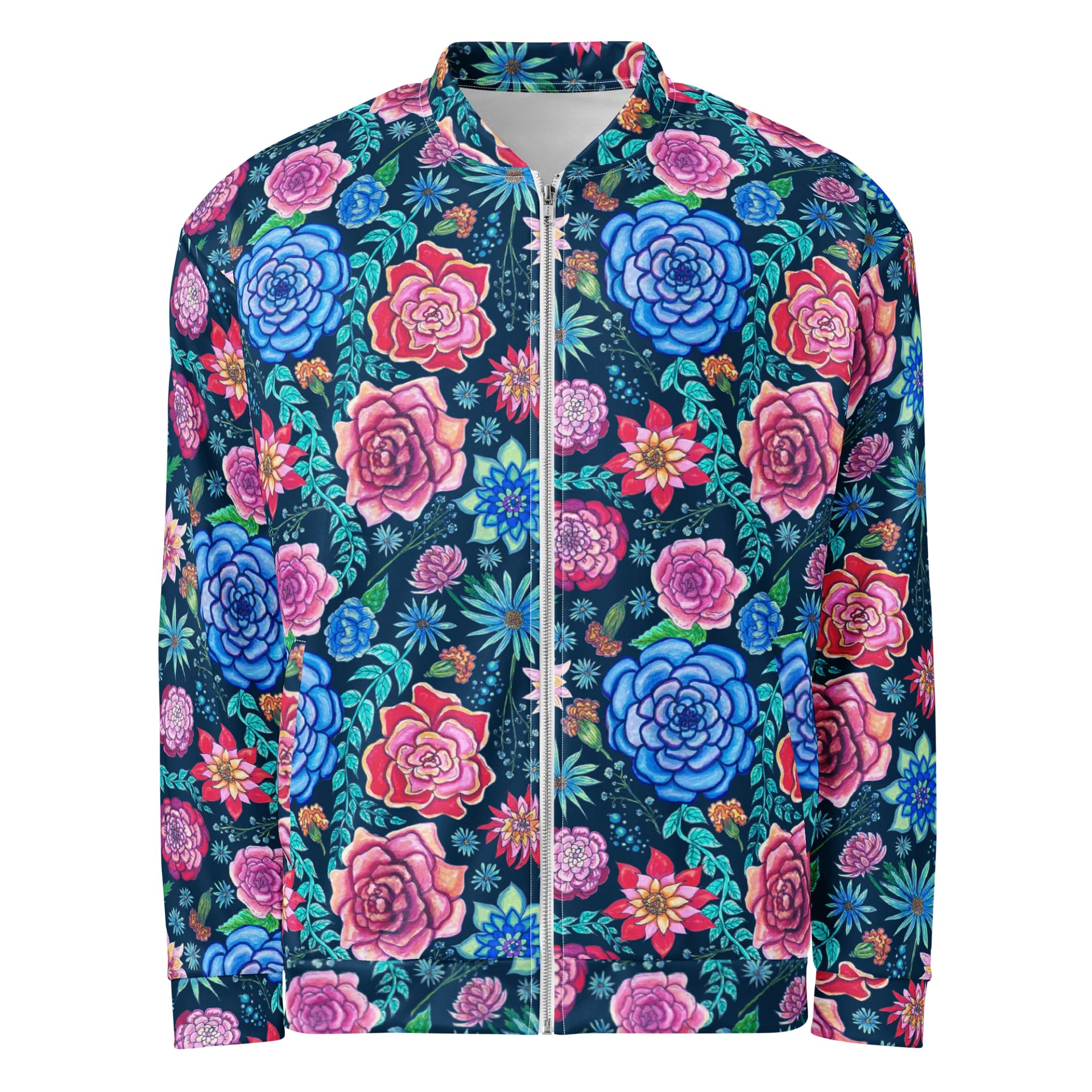 🌸 Bold Blooms, Bold Moves | Pink + Blue on White | Floral Unisex Bomber Jacket | Monique Faella Designs™ product image (1)