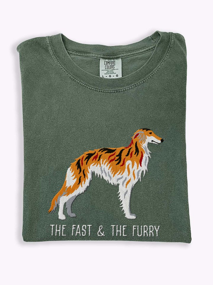 The Fast & The Furry T-Shirt(Embroidered) of a Silken Windhound(Brindle) product image (1)