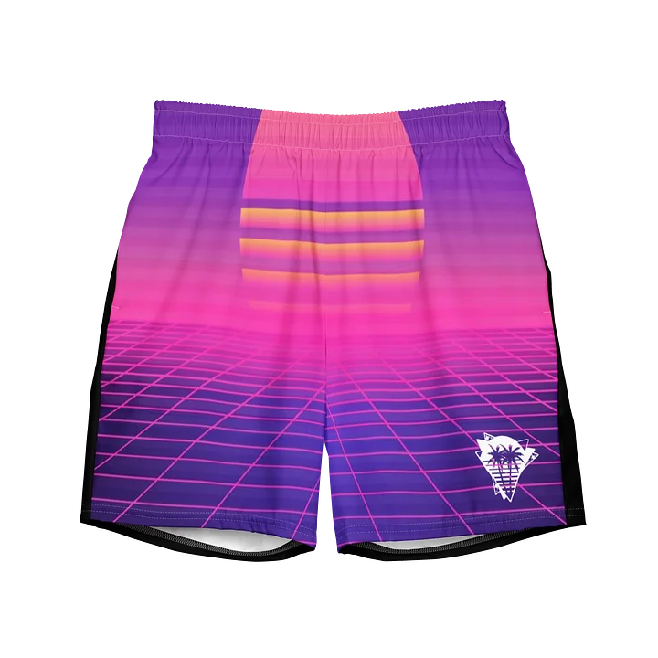 SUNSET SYNTHWAVE GRID SURFBOARD SHORT SWIM TRUNKS product image (1)