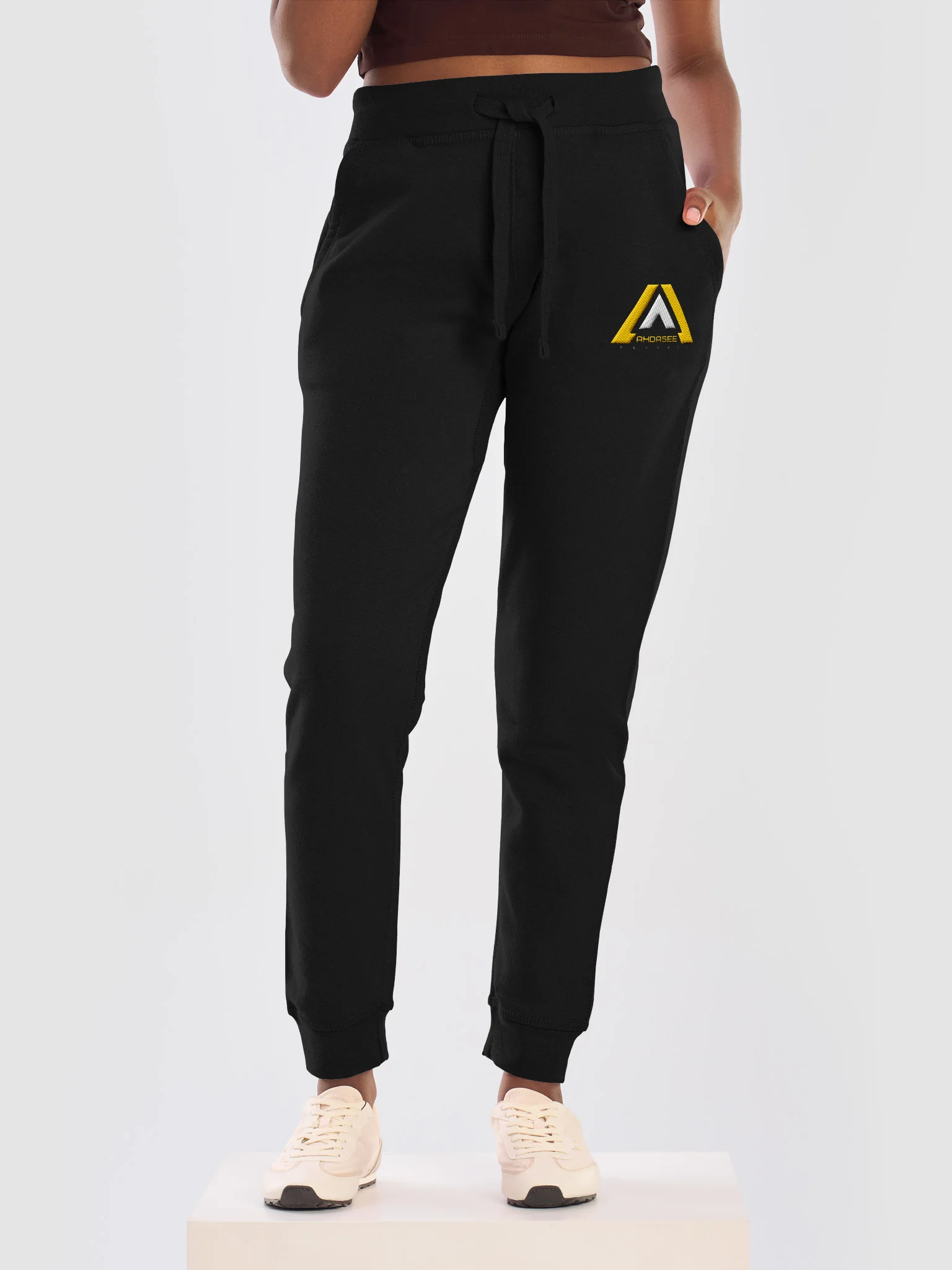 Ahdasee Records Official Logo Embroidered Joggers – Black (White/Gold) product image (3)