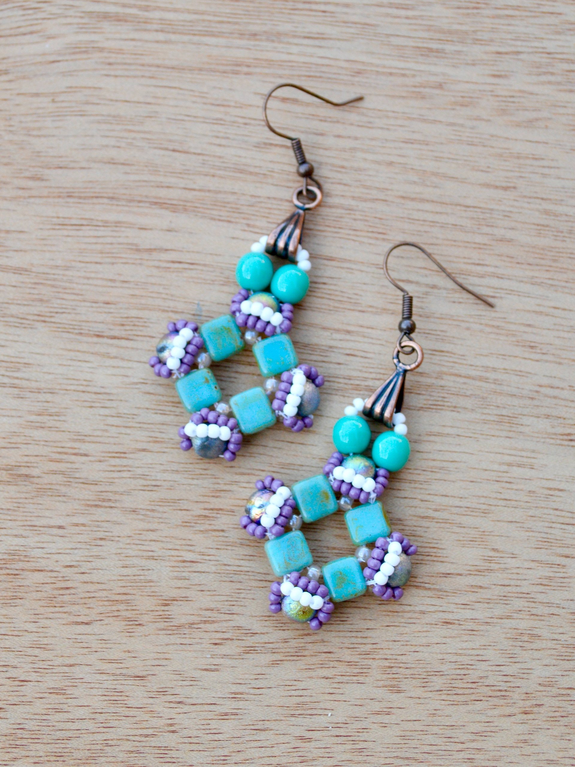Diamond Shaped Beaded Earrings Handmade With Copper and Seed Beads product image (2)