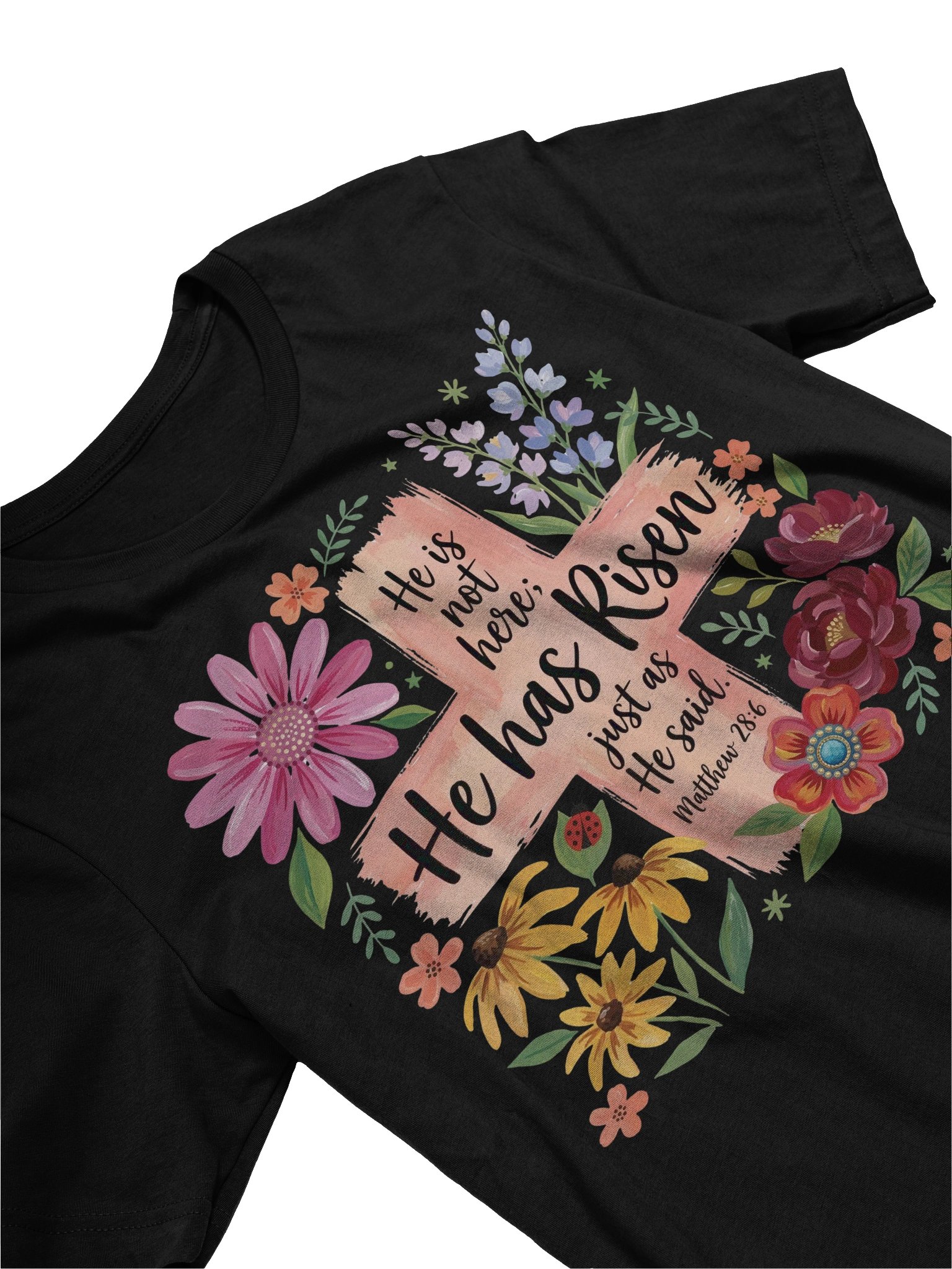 He Is Risen Matthew 28:6 Christian Easter Shirt Floral Cross Faith Women Tee product image (2)