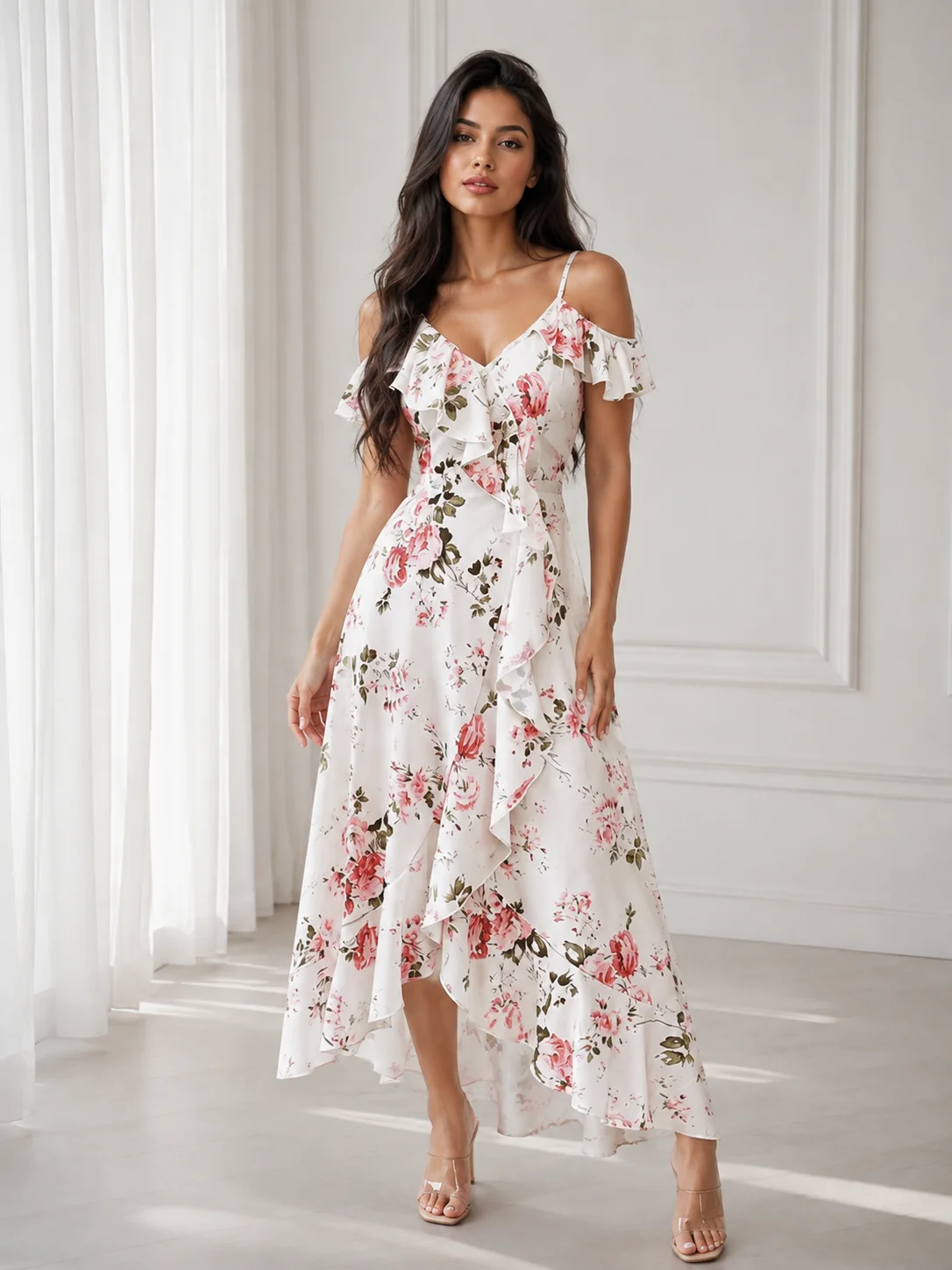 Elenzga ADLEST Women's Elegant Pink Floral Summer Maxi Dress, Retro Palace Style Wedding Ninang Party Outfit, Oblique Collar Ruffle Hem Asymmetric Long Beach Dress product image (3)