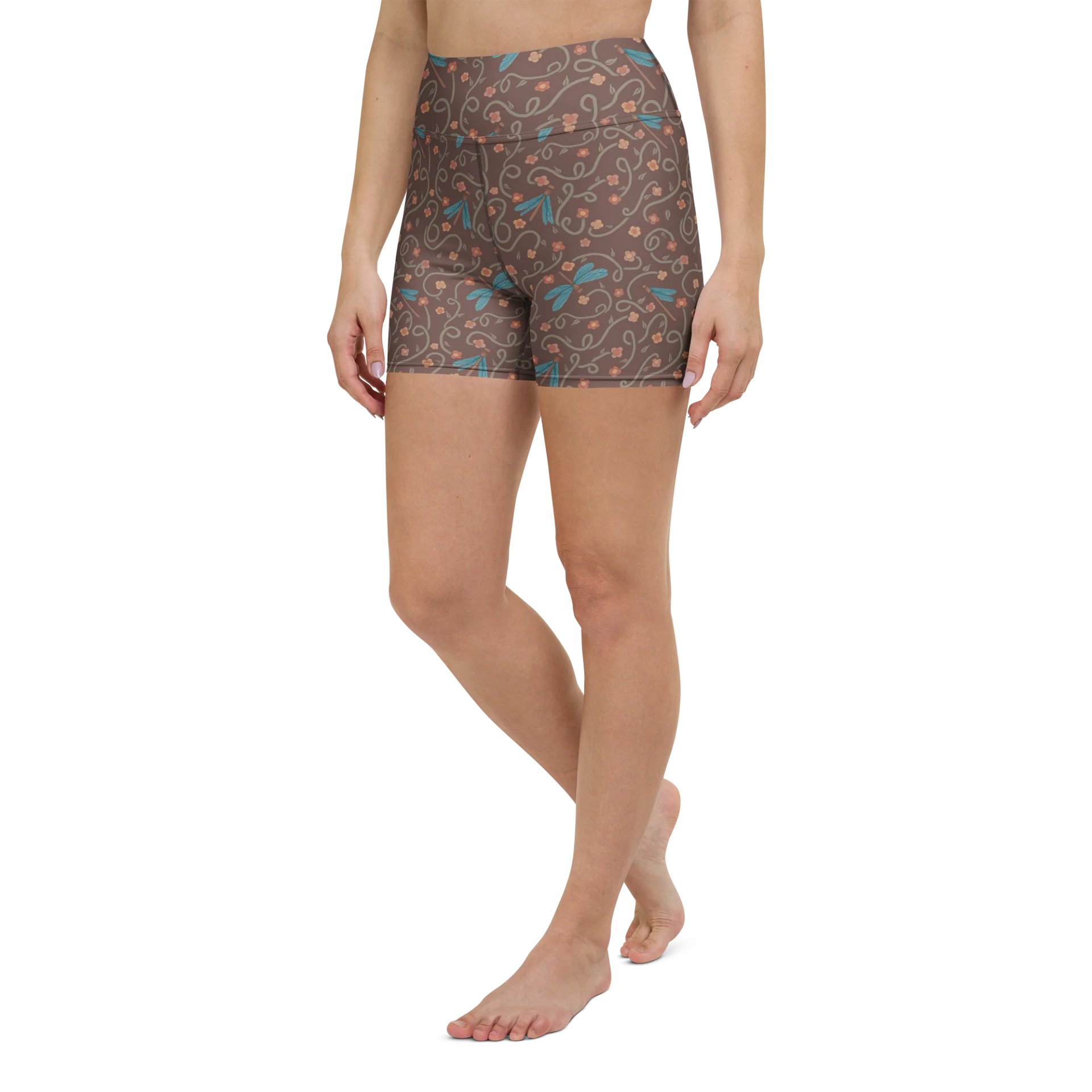 Print yoga shorts with dragonflies and floral pattern. Artistic activewear product image (5)