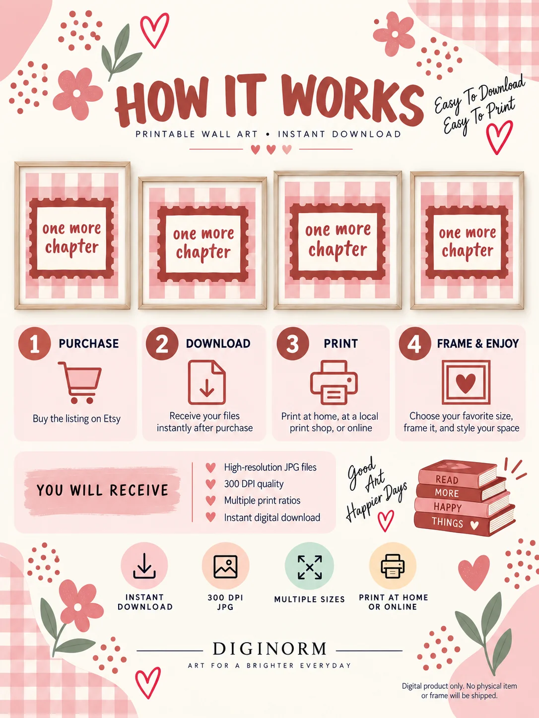 One More Chapter Print | Book Lover Decor | Pink Gingham Reading Nook | Literary Quote Poster | Cozy Library Digital Download product image (3)