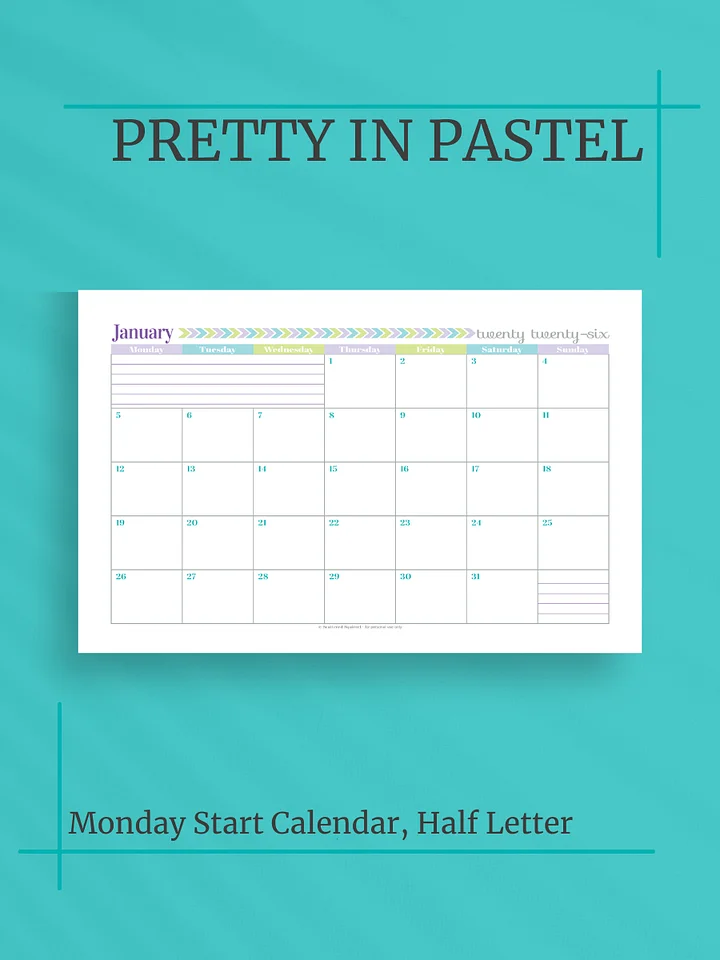 Pretty in Pastel 2026 Calendar - Single Page per Month, Monday Start, Half Letter Size product image (1)