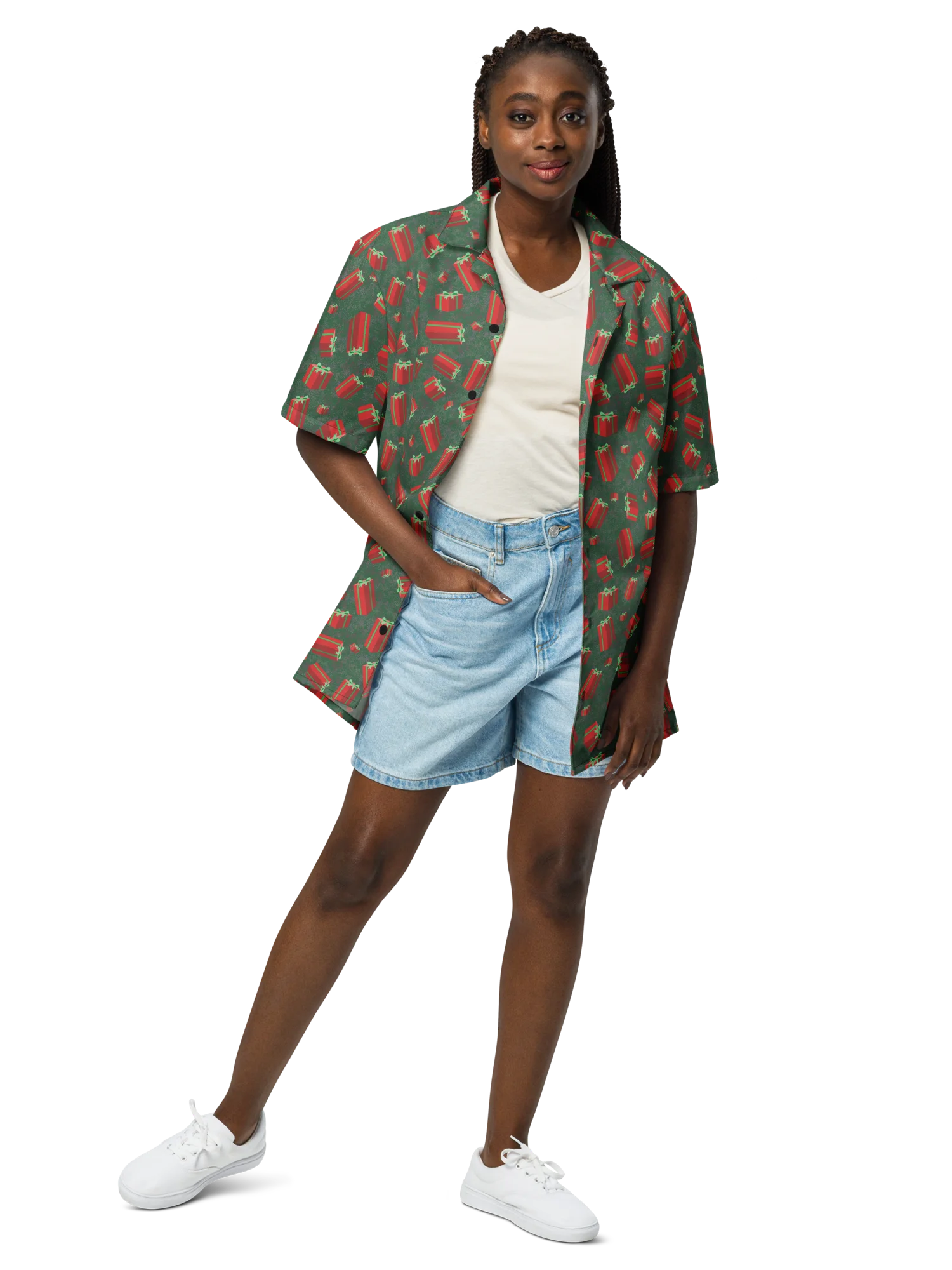 Floating Red Presents on Teal Green Oversized Button-Down Shirt product image (4)