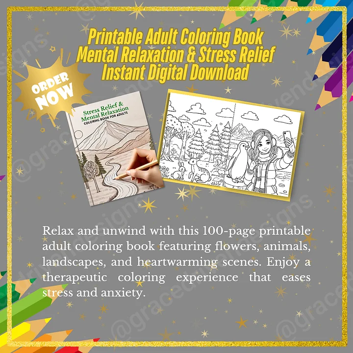 100-Page Adult Coloring Book | Mental Relaxation & Stress Relief | Ease Anxiety | Printable Instant Download + Freebies product image (2)