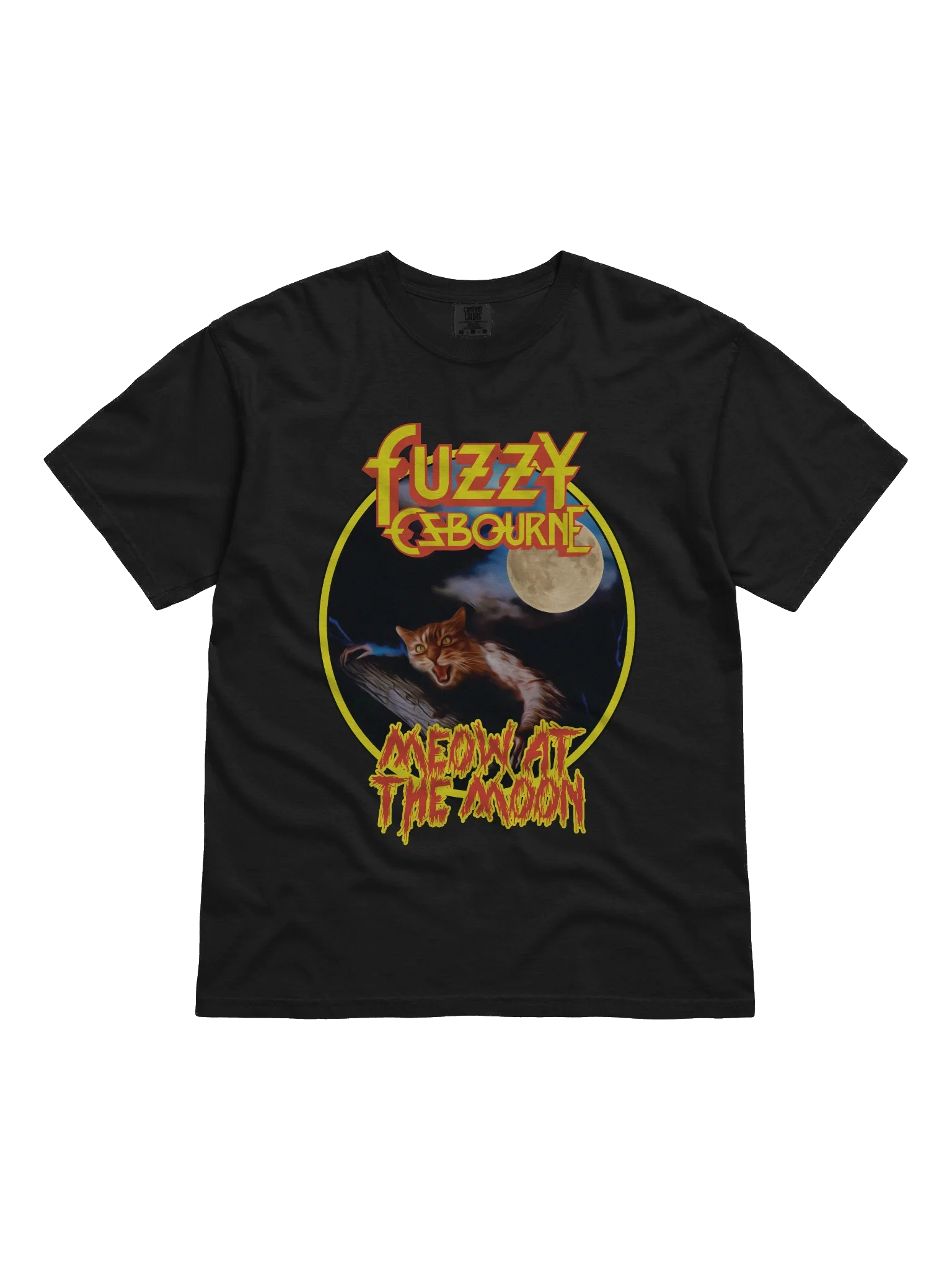 Fuzzy Osbourne Meow At The Moon t-shirt showing a possessed ginger tabby mid-yowl on a branch under a full moon - a cat parody gift for rock fans