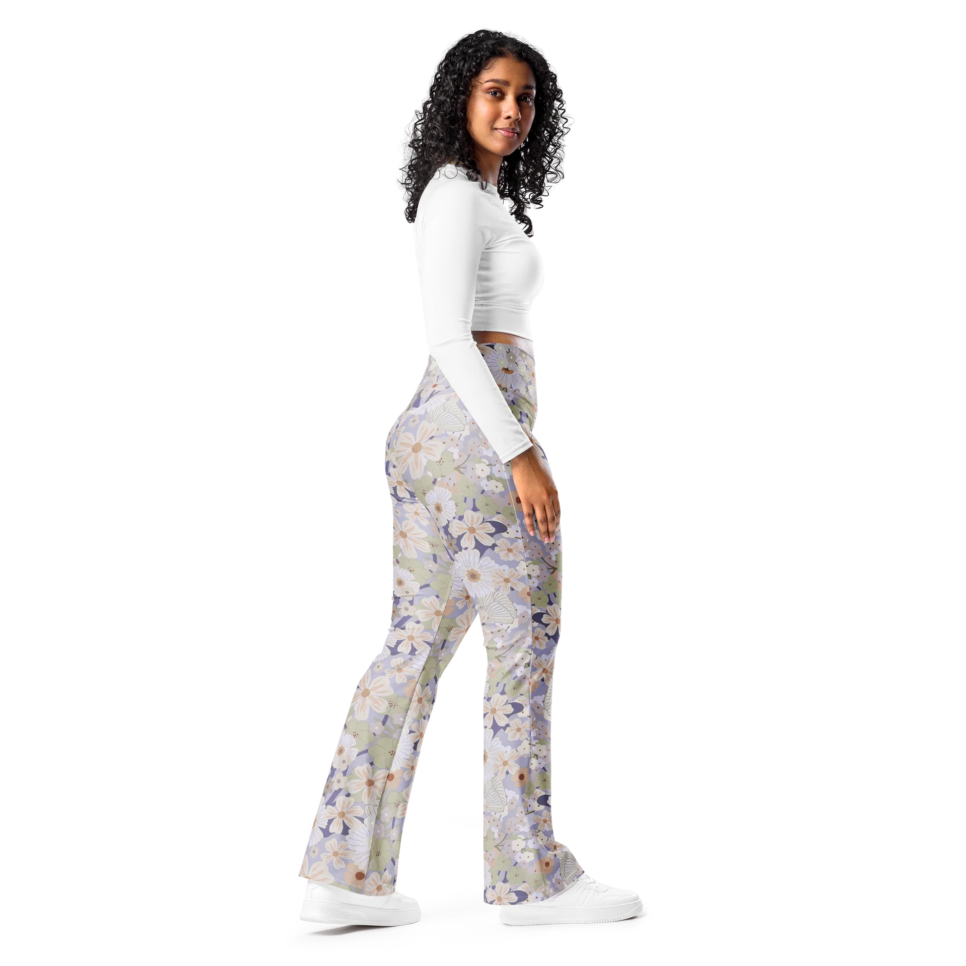 Khaki Green Blue Floral Flare Yoga Leggings product image (9)