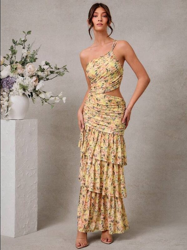 Elegant Wedding Guest One Shoulder Cut Out Tiered Ruffle Maxi Dress Summer Dresses For Women product image (2)