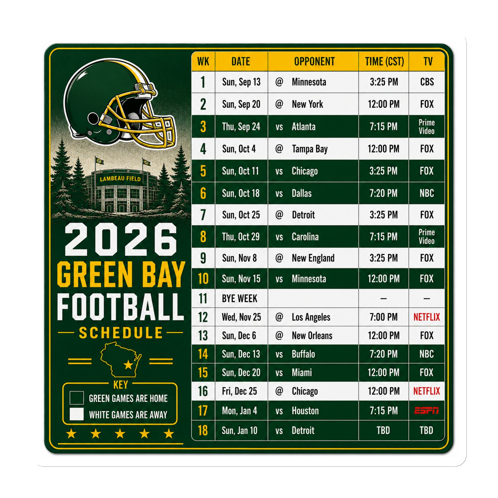 Green Bay 2026 Football Schedule Magnet product image (1)