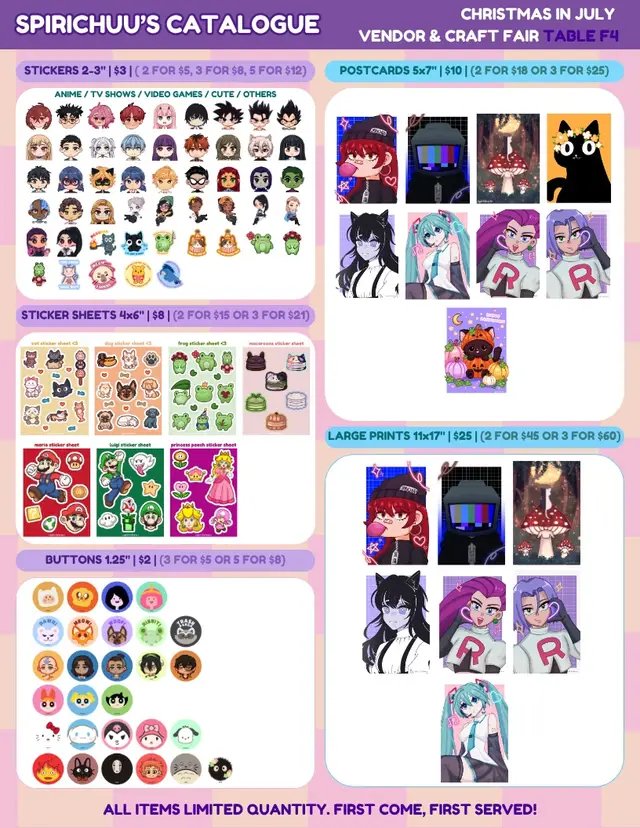 I’ll be at the Christmas In July Vendor & Craft Fair! 💜  Come check out my current catalogue at table F4. Hope to see you there!  🌙 Reshares & Saves Always Appreciated ✨ #spirichuu #stickershop #cutestickers #stickers #smallbusiness 