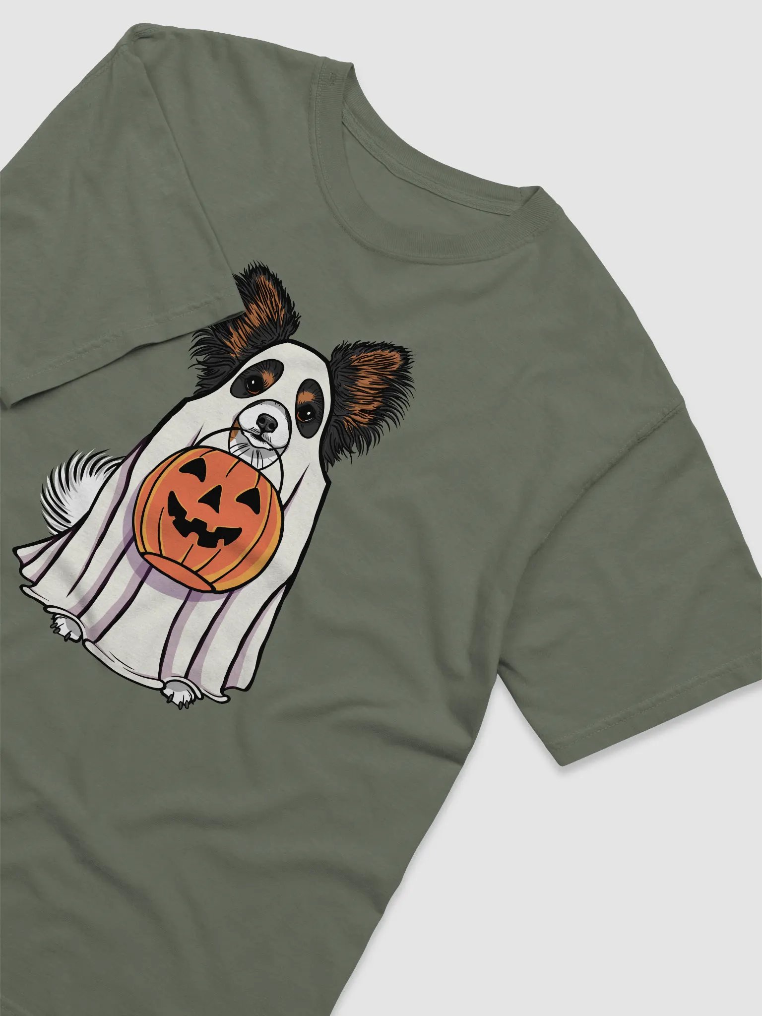 Funny Halloween Papillon(Tricolor) T-Shirt | Funny Papillon Wearing a Ghost Costume and Holding a Pumpkin Basket product image (6)