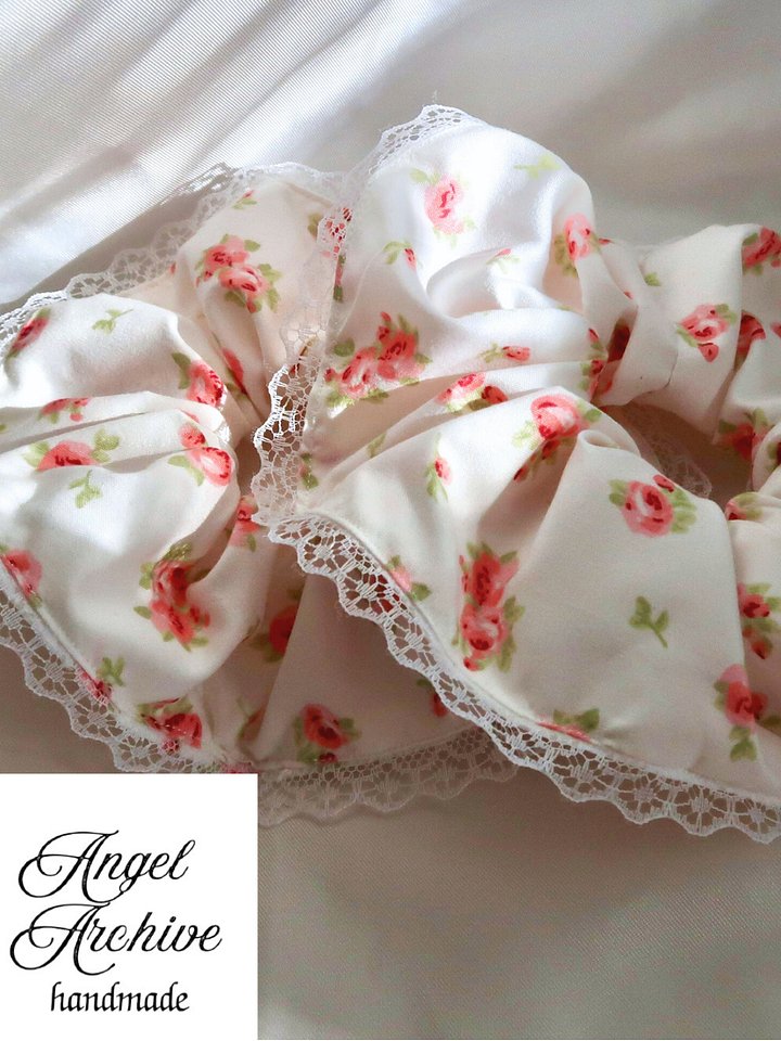 Floral Scrunchie with Lace Trim, Handmade, Bun Holder Hair Tie, Ponytail Holder, Gifts for Girls Women, Cottagecore product image (1)
