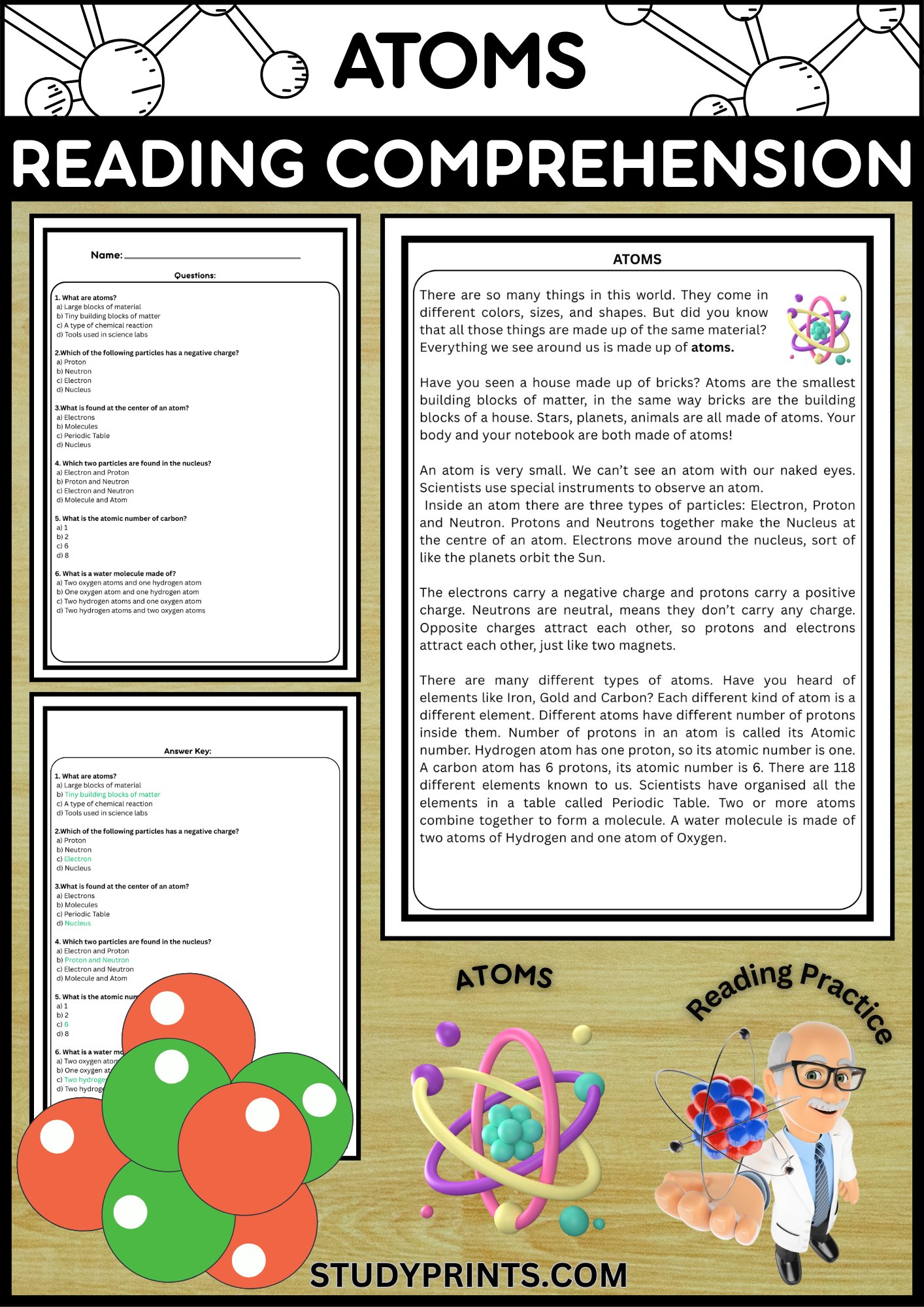 Atoms Reading Comprehension Worksheet With Multiple Choice Questions product image (1)