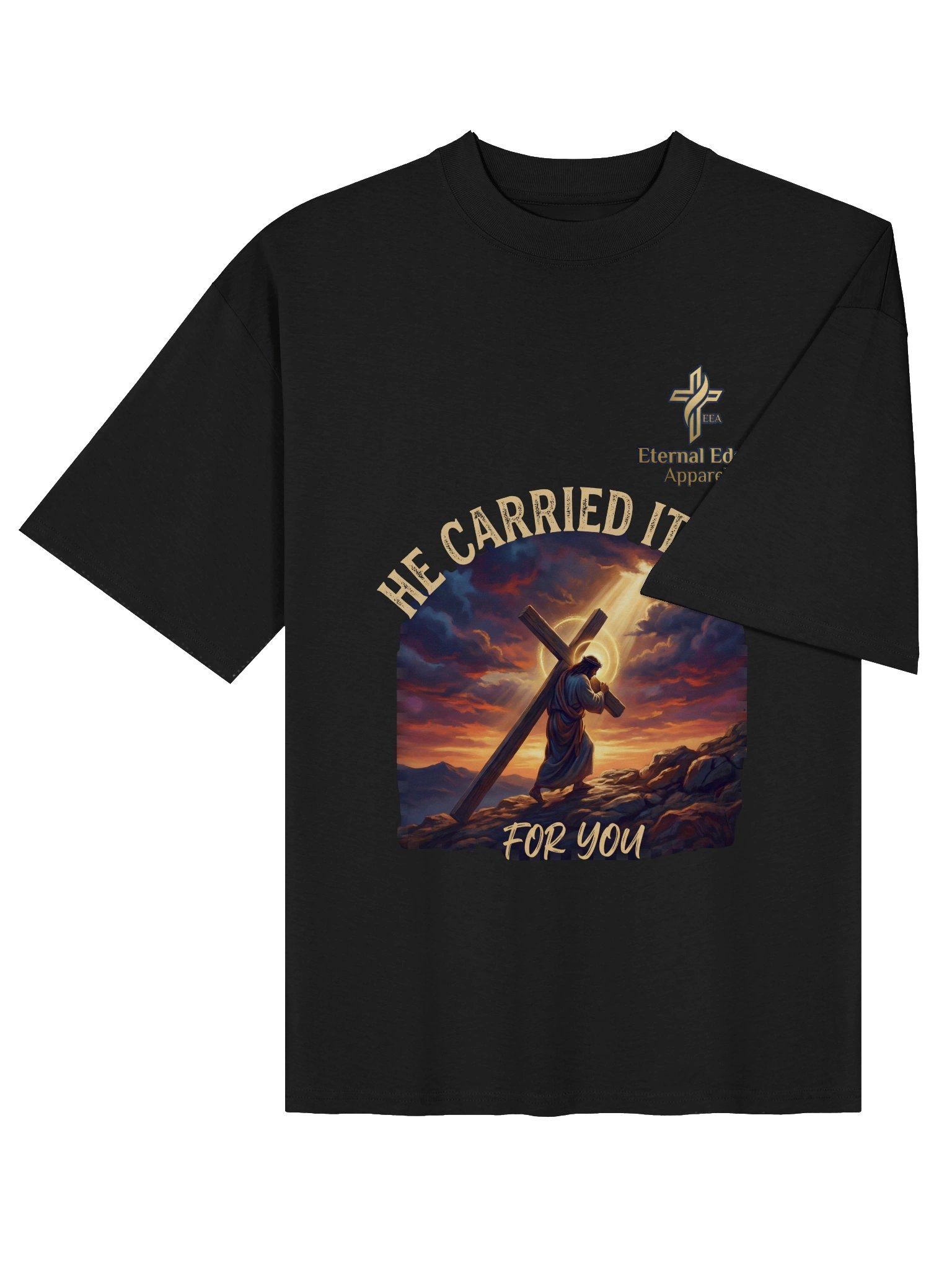 Honor the cross He carried with the He Carried It All Christian t-shirt — organic heavyweight cotton, oversized fit. Shop Eternal Edge Apparel. product image (20)