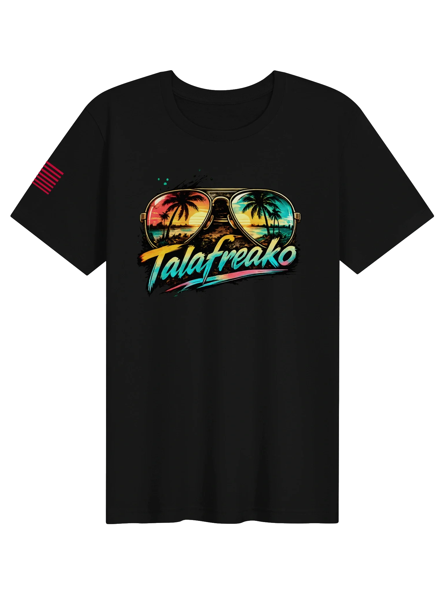 Talafreako aviator tee: gold frame shades reflecting two beach sunsets, palms and surf in every lens. Vacation energy, printed loud in the USA.