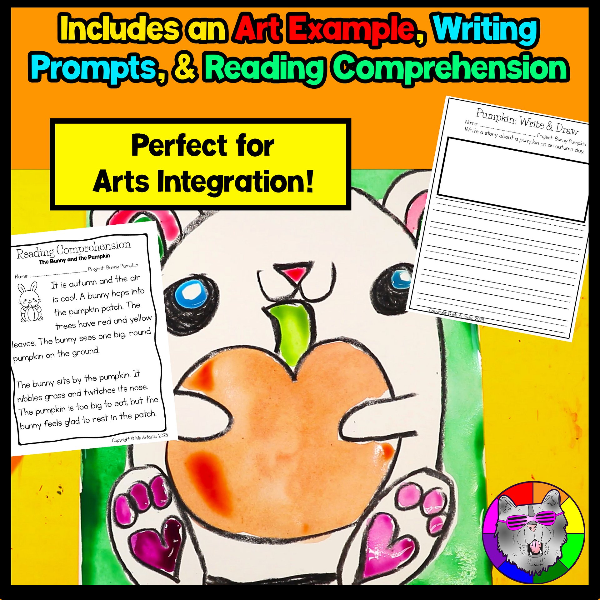 Autumn Art Lesson Bunny Pumpkin Art Project Reading Comprehension Writing Prompt product image (2)