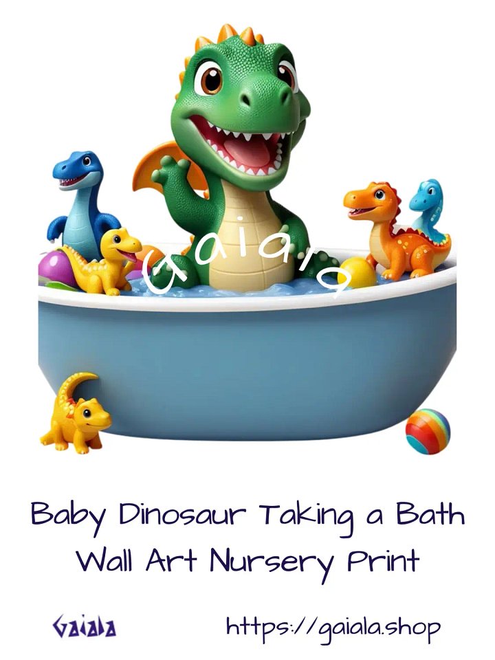 Baby Dinosaur Taking a Bath Kid Nursery Print Child Wall Art product image (1)