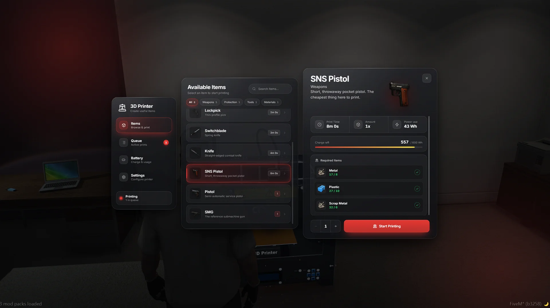 FiveM 3D Printer Script | Prints While You're Offline | Weapons, Battery & Admin [ESX/QBCORE/QBOX] product image (5)