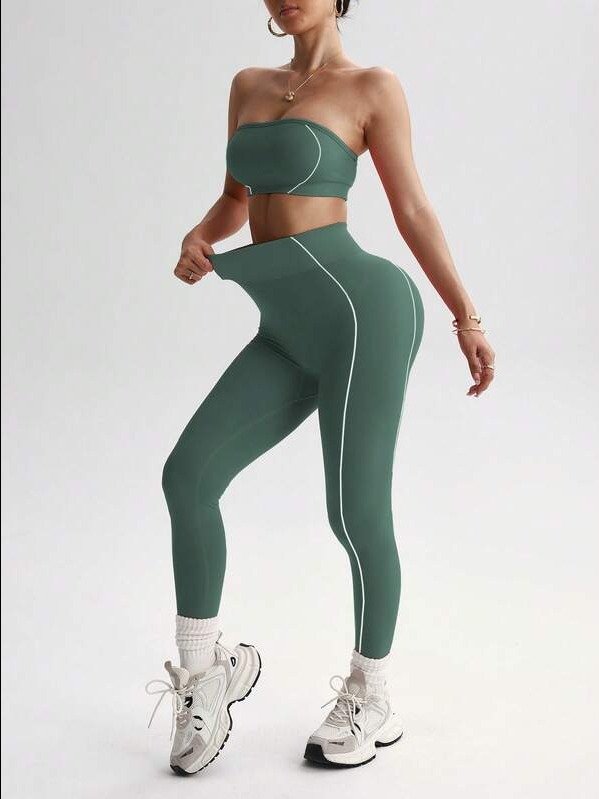 ADLEST Women's Seamless Pink Striped Sports Set, Crop Top And Leggings Brown Workout Set Brown Two Pieces Set product image (1)