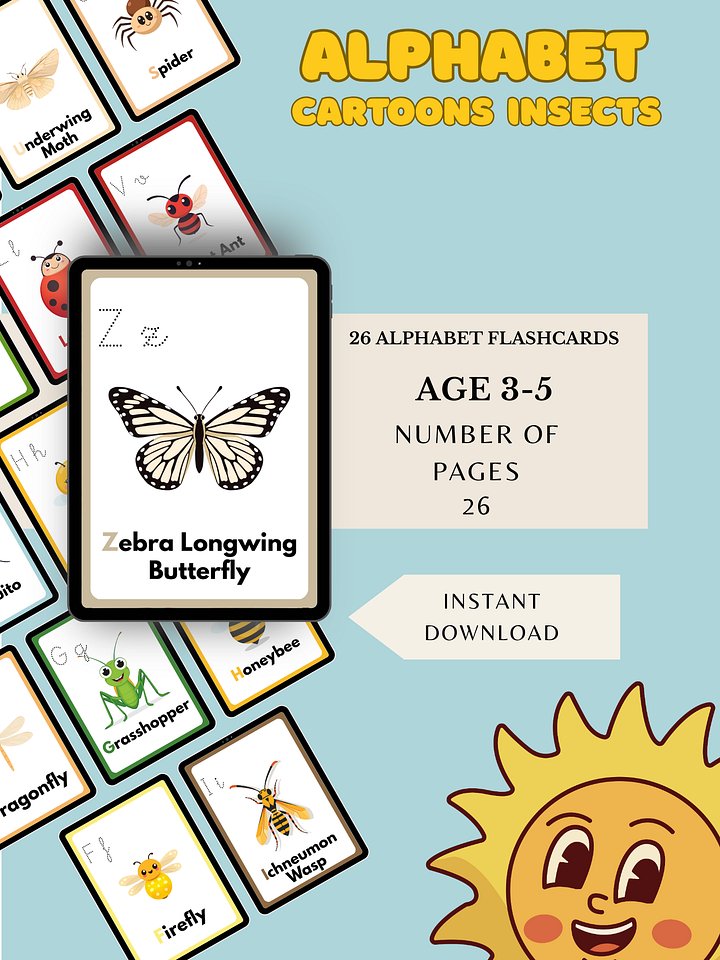 Alphabet Insects flashcards – 26 Cartoons Bugs, for 3-5 years (Digital Download) product image (1)