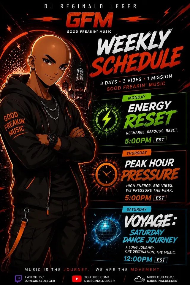 🔋 MONDAY — ENERGY RESET | 5PM EST 🔥 THURSDAY — PEAK HOUR PRESSURE | 5PM EST 🌎 SATURDAY — VOYAGE: SATURDAY DANCE JOURNEY | 12PM EST #GoodFreakinMusic #GFM #HouseMusic #EDM #AfroHouse  