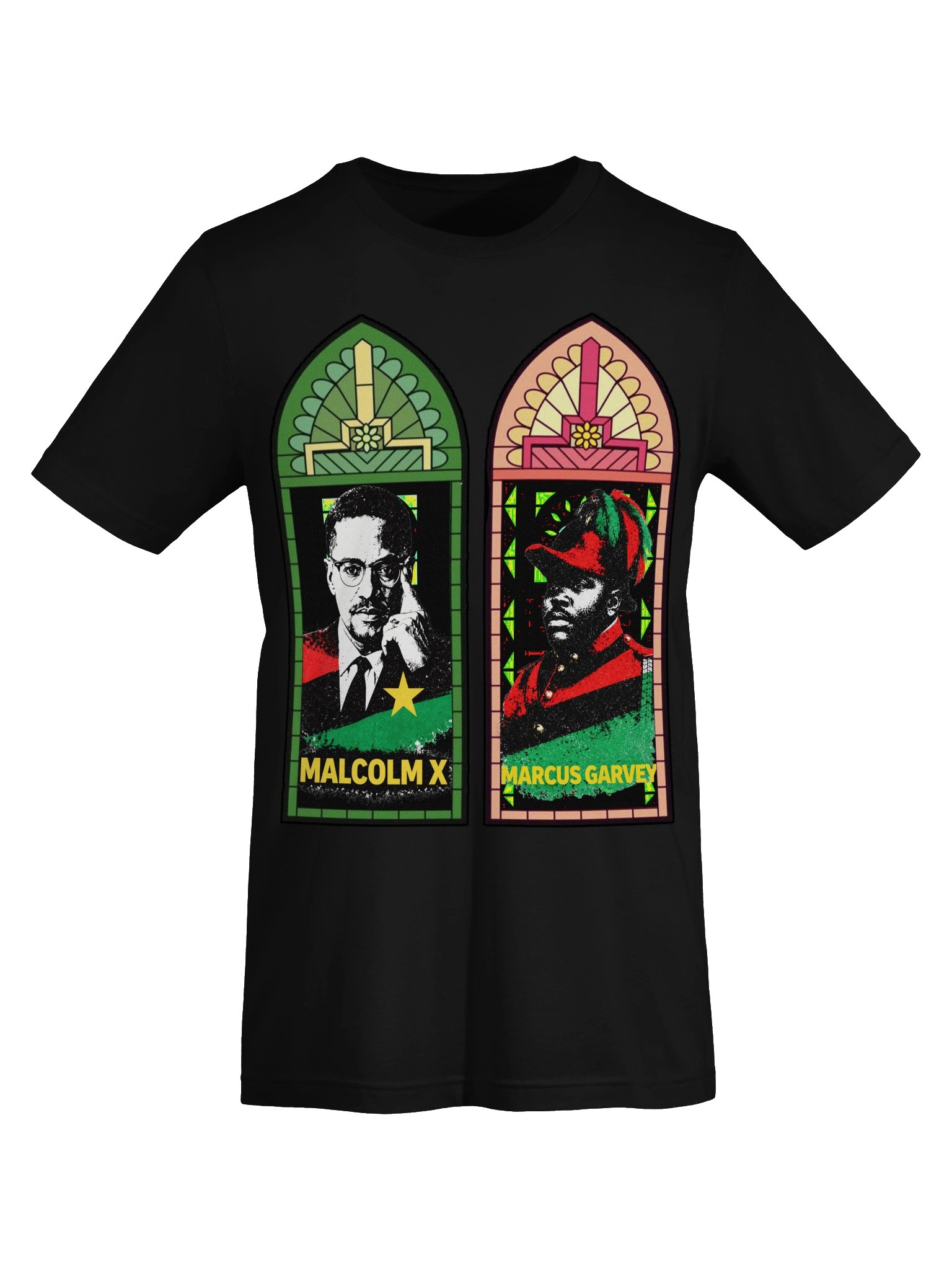 Malcolm X & Marcus Garvey Stained Glass Tee – Pan-African Cathedral Art | Black History Civil Rights T-Shirt product image (7)