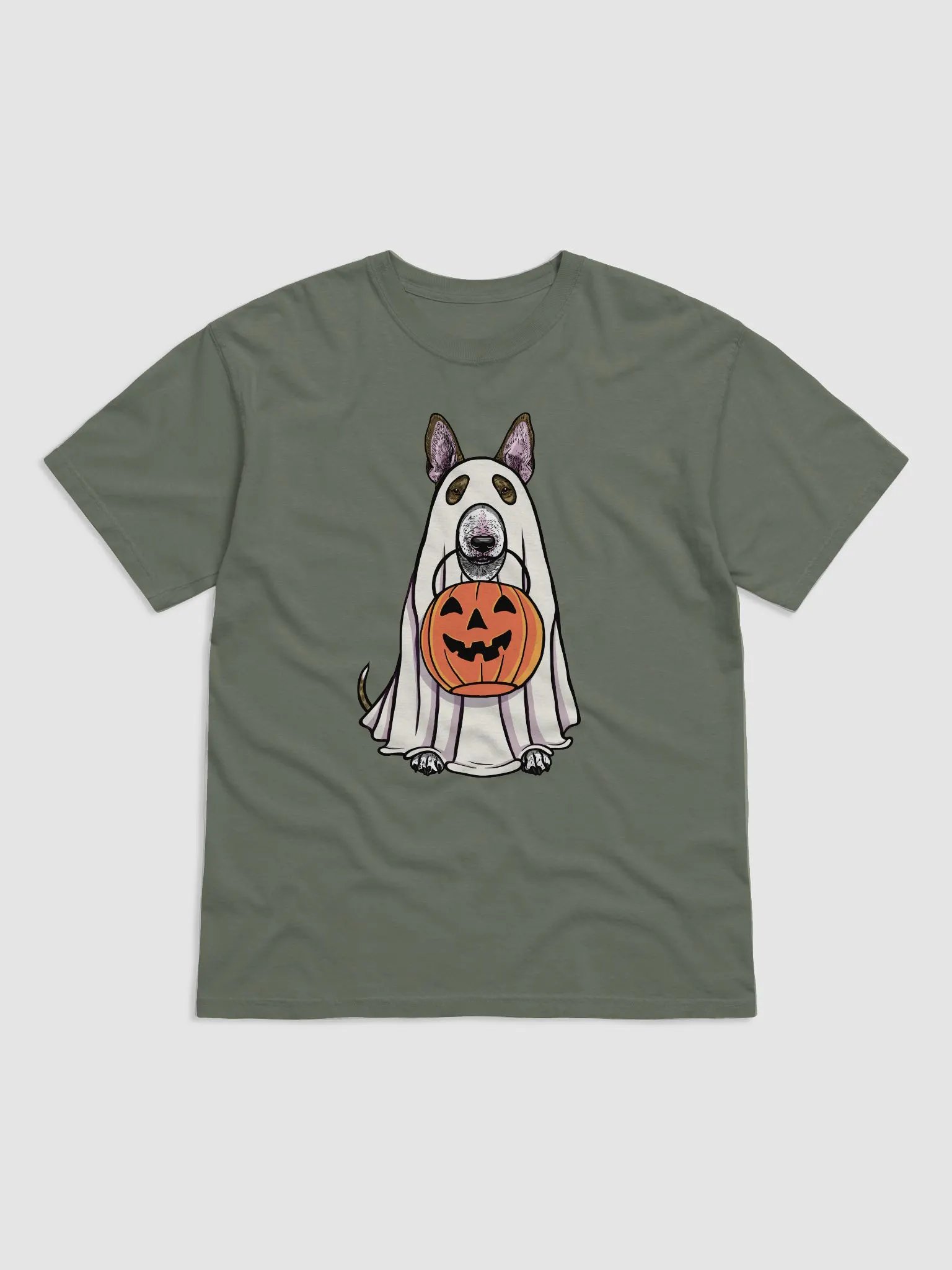 Funny Halloween Bull Terrier(Brindle) T-Shirt | Funny Dog Wearing a Ghost Costume and Holding a Pumpkin Basket product image (1)