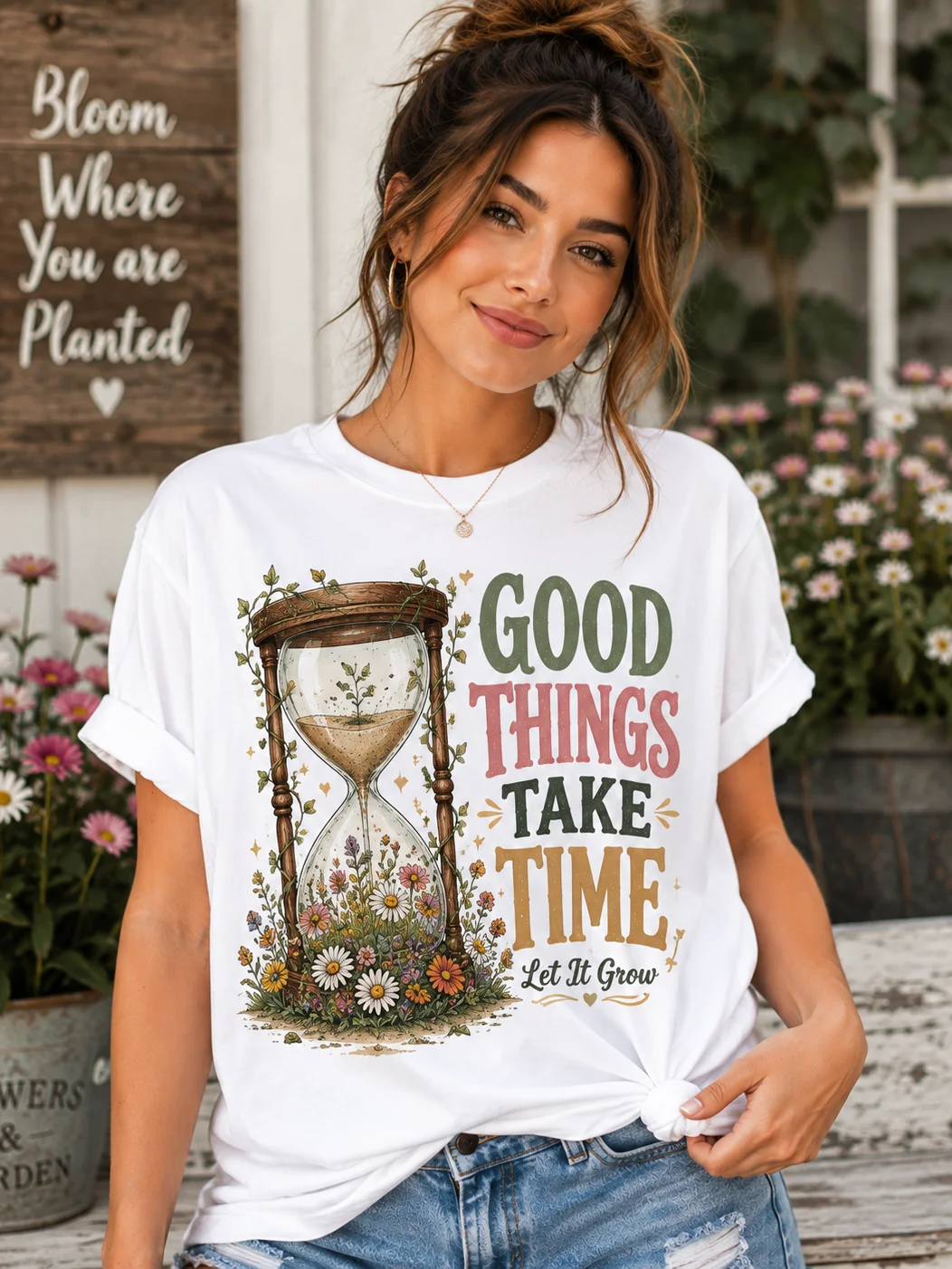 Good Things Take Time T-Shirt | Floral Hourglass Motivational Tee | Let It Grow Positive Mindset Shirt for Women product image (22)