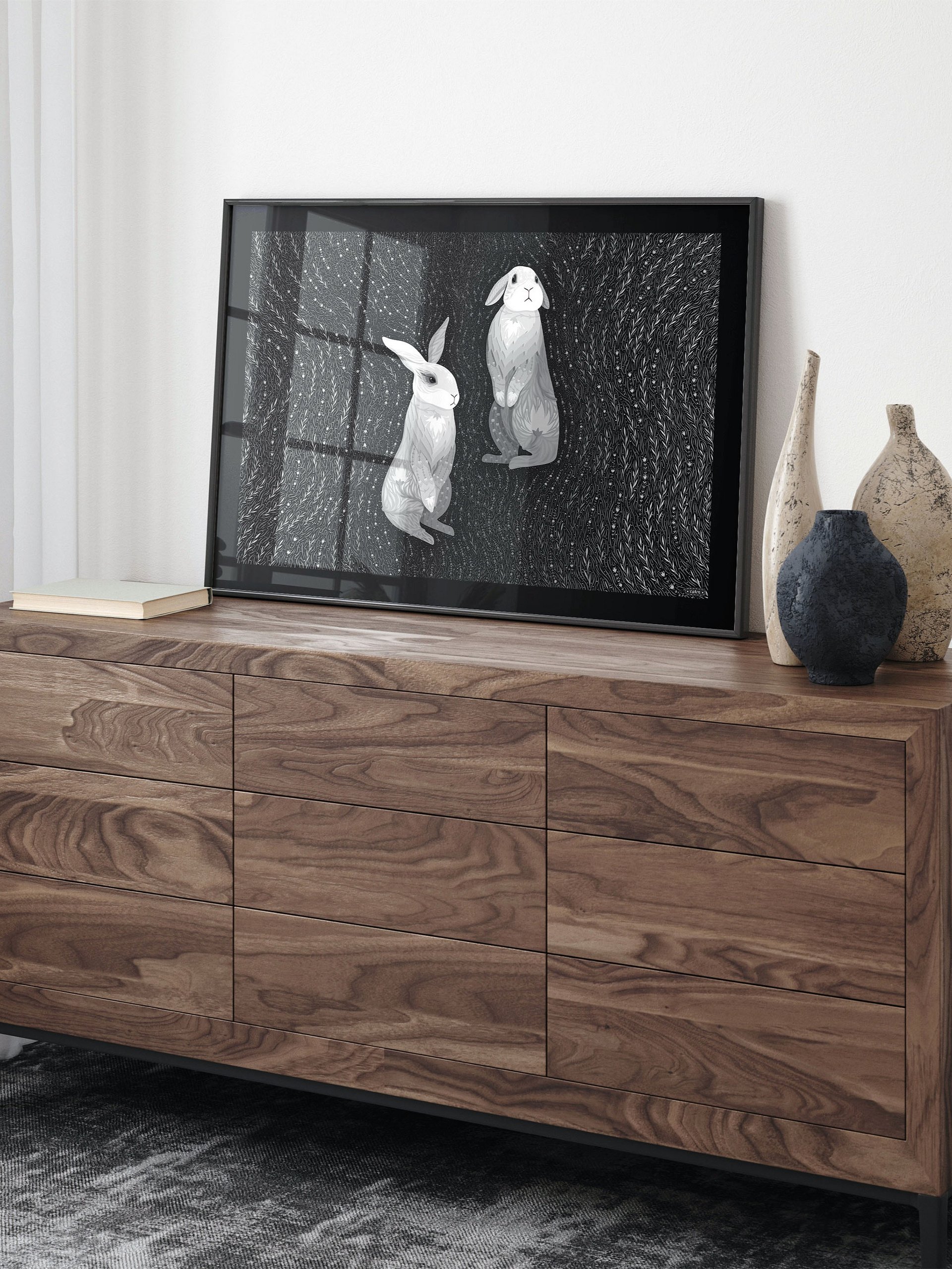 Two Whimsical White Rabbits Art Print product image (4)